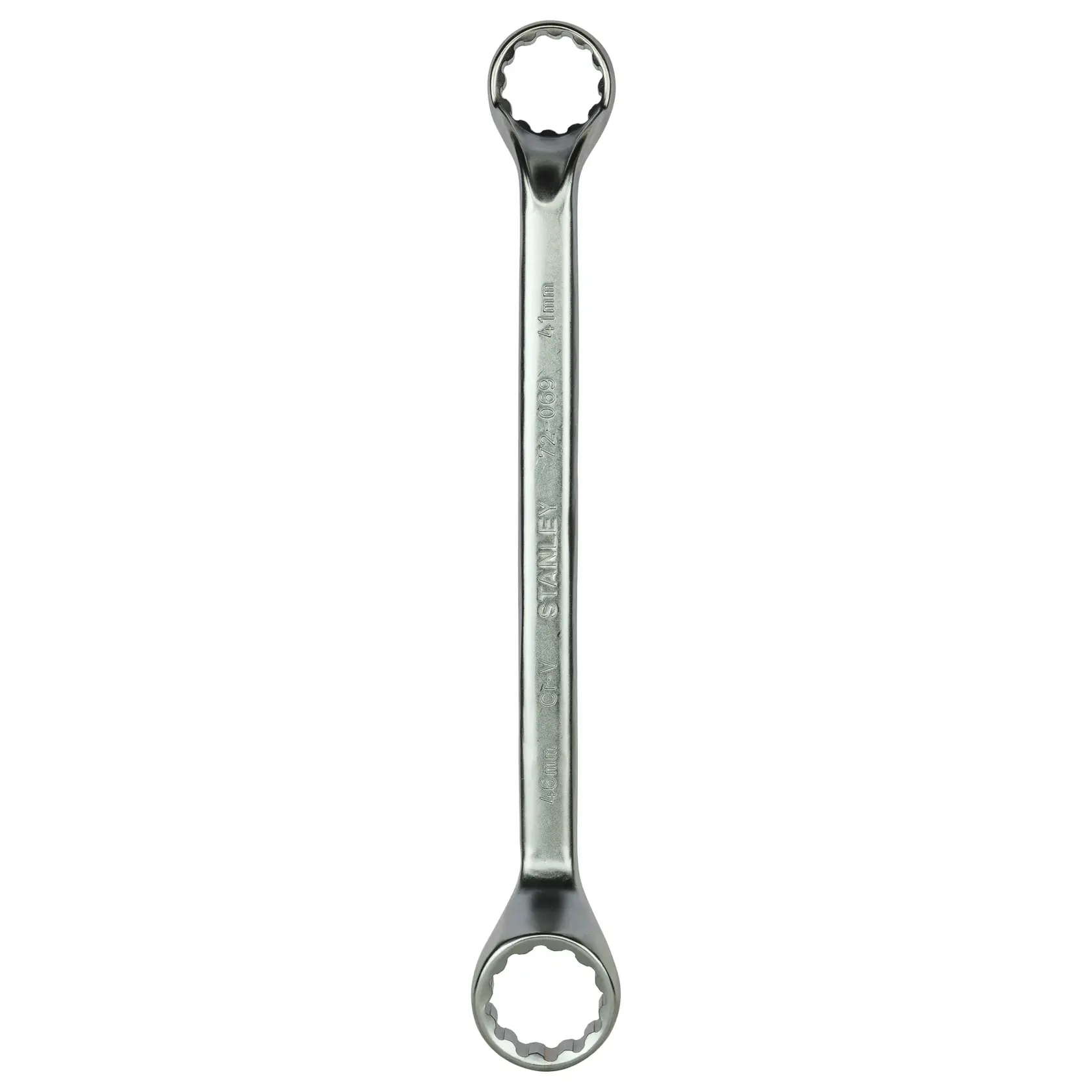 Stanley double-ended box wrench with 12-point heads, chrome finish, tool for tightening or loosening bolts.