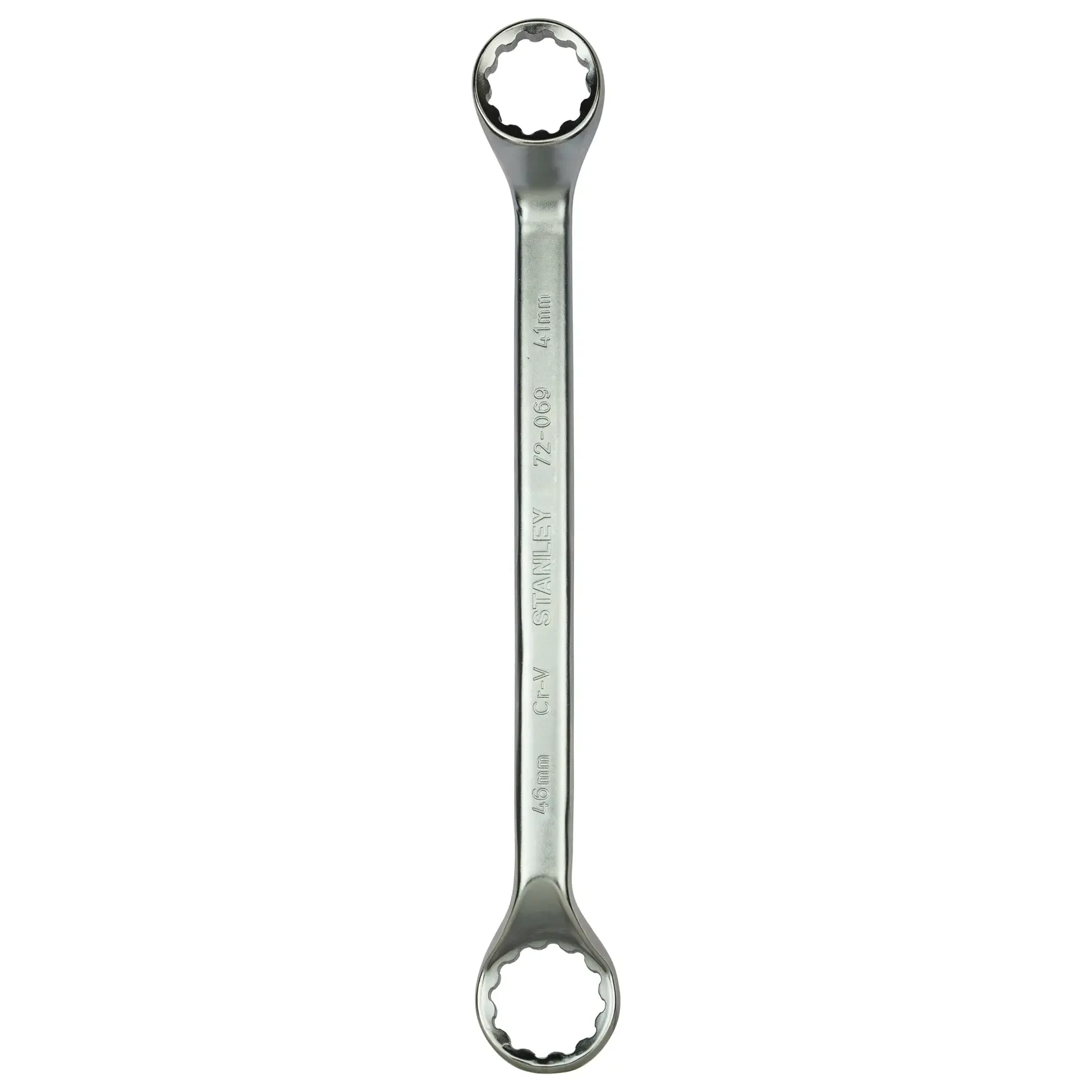 Stanley double-ended box wrench with 46mm and 41mm heads. Metal tool for tightening or loosening nuts.