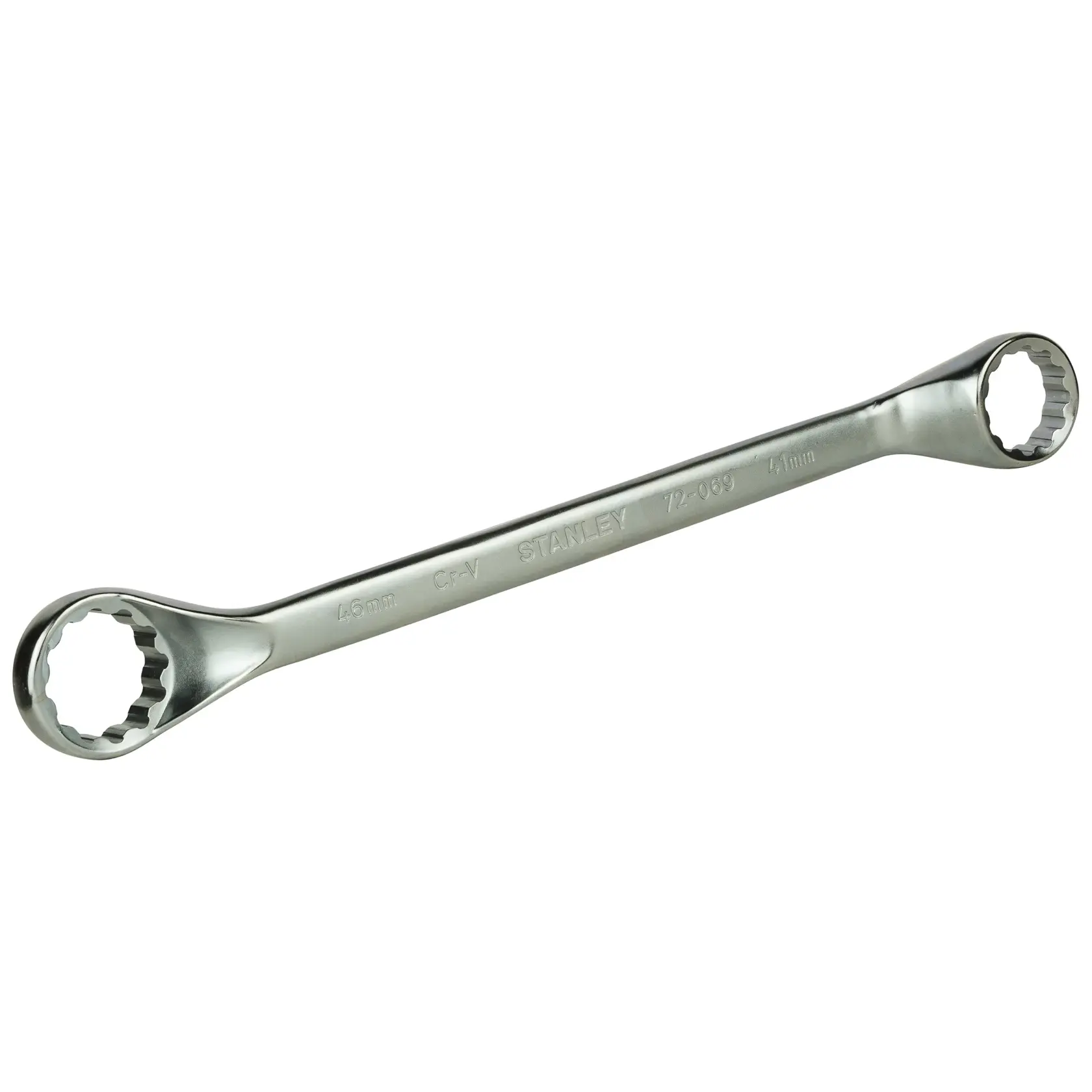 Stanley box-end wrench with two different sized ends, suitable for tightening or loosening bolts and nuts.