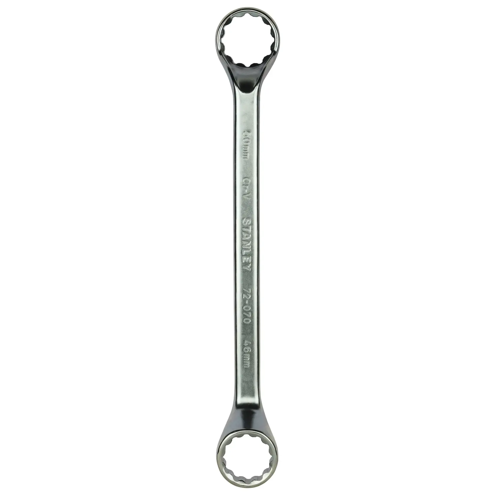 Stanley double-ended box wrench, metal, with twelve-point openings, used for tightening or loosening bolts.