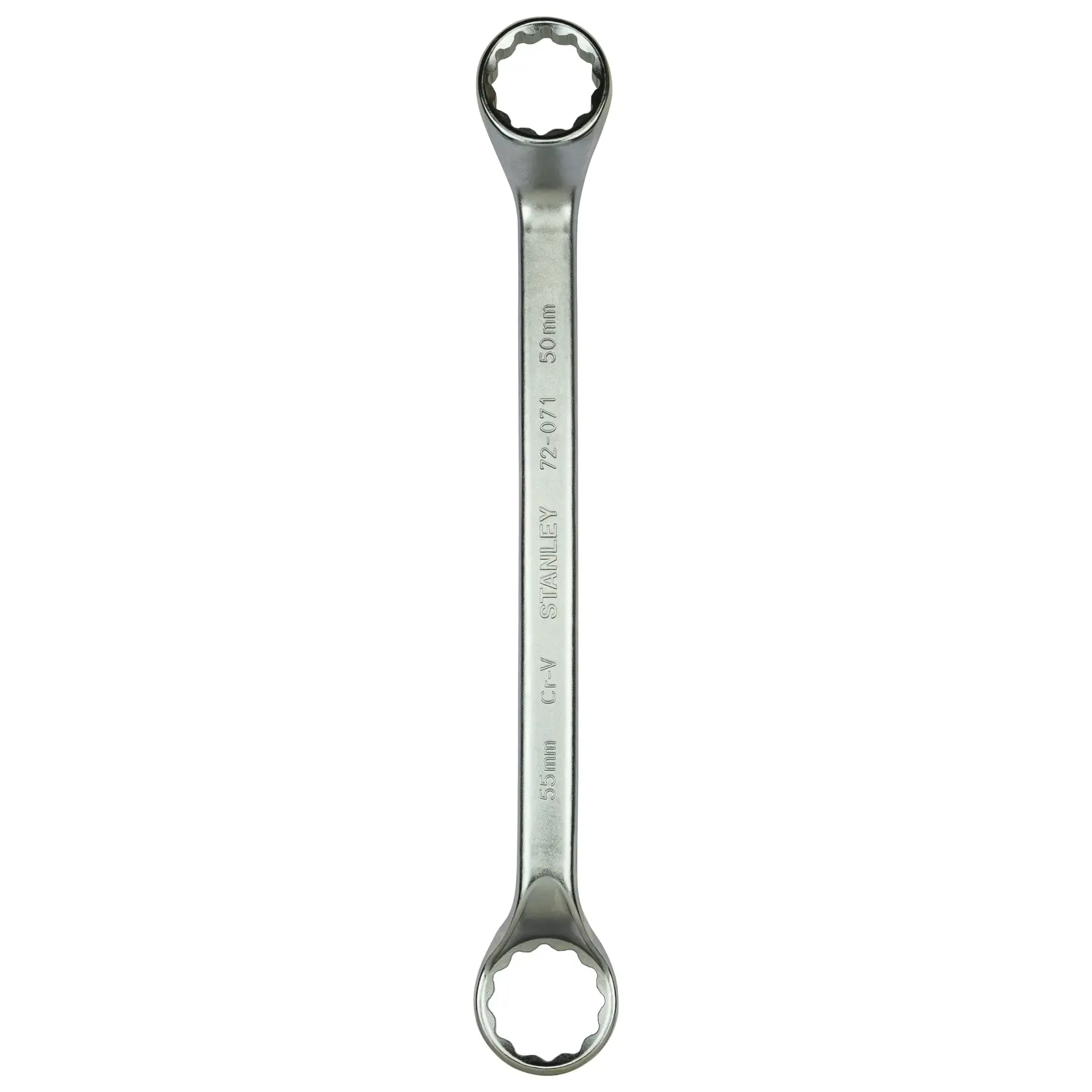Stanley double box-end wrench with 50mm and 55mm ends, metal tool for tightening nuts and bolts.