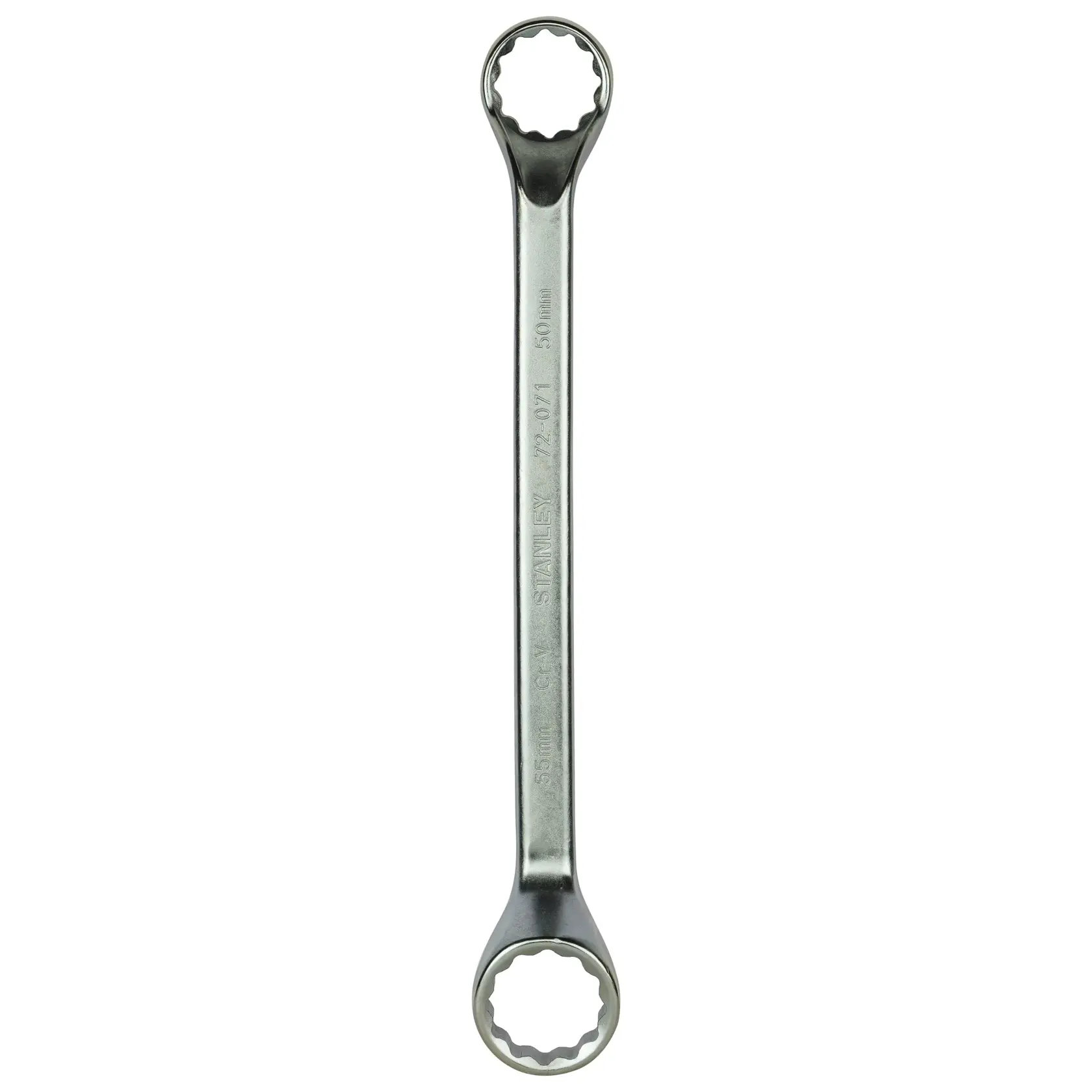 Stanley double box-end wrench, metal, with two ring ends for tightening or loosening nuts and bolts.
