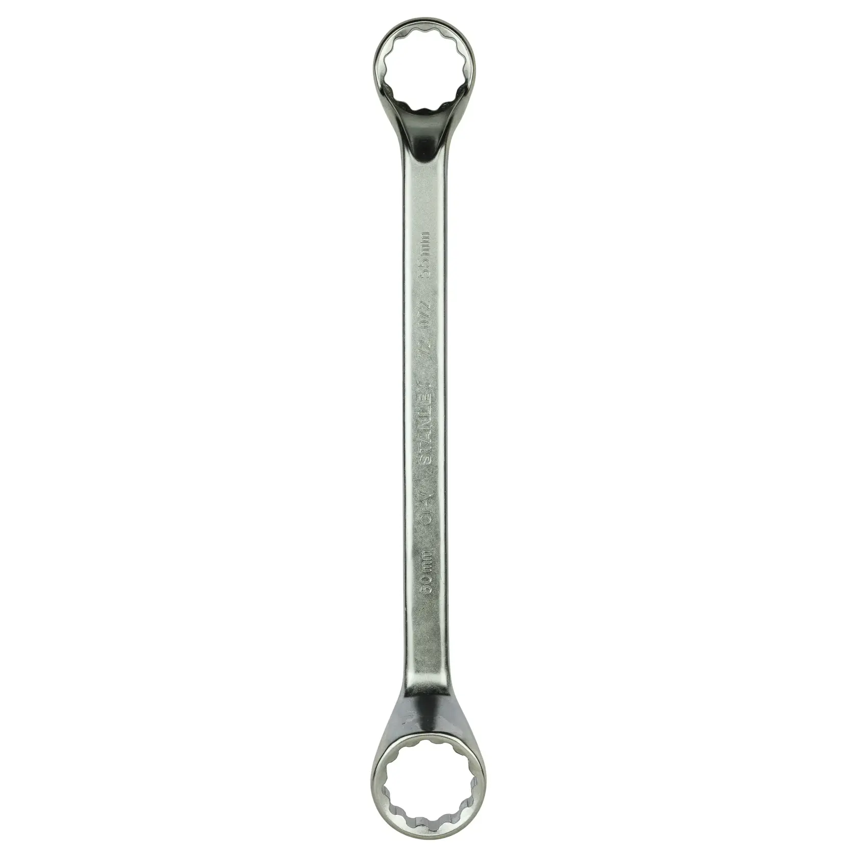 A double-ended ring spanner with a metal finish, used for tightening or loosening nuts and bolts.
