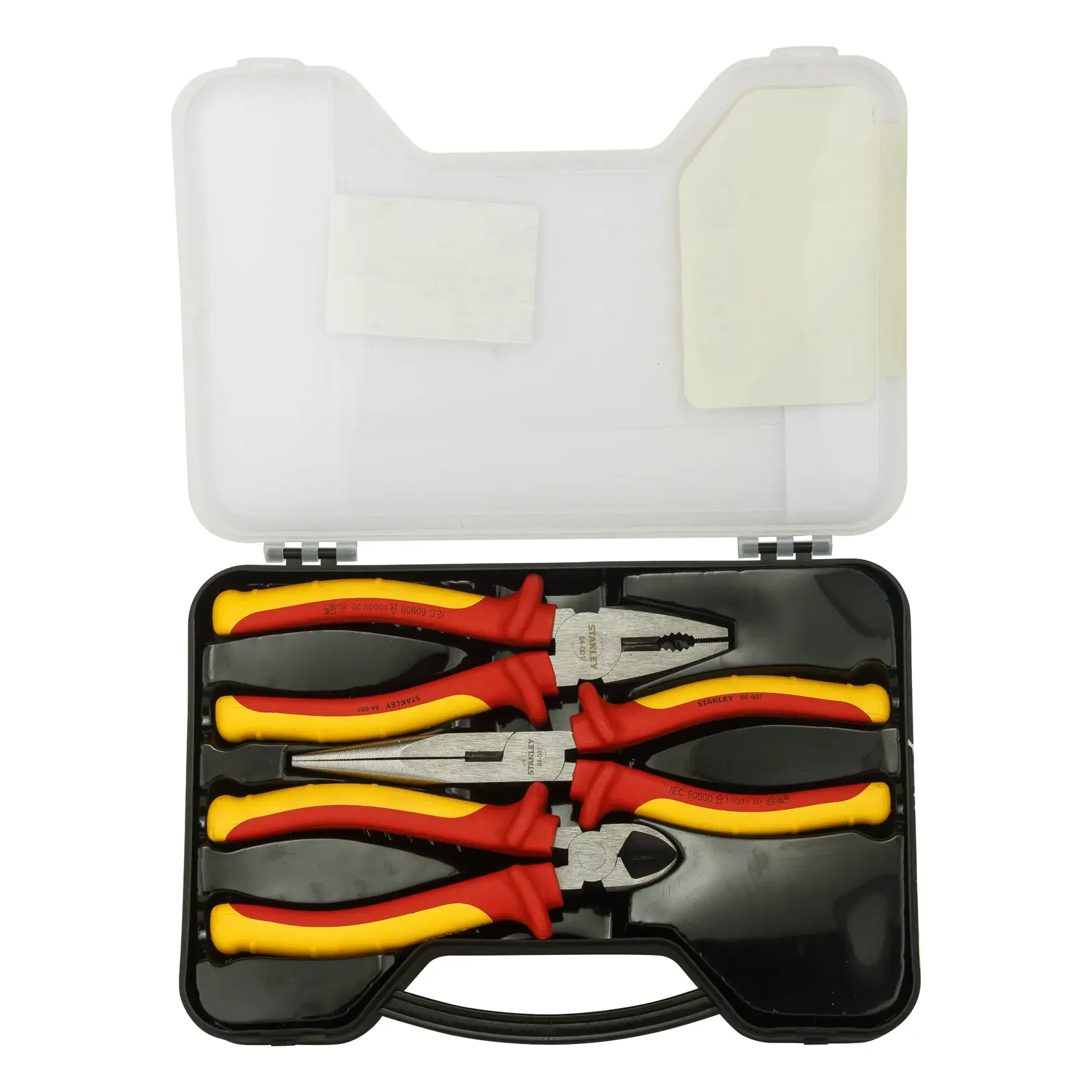 STANLEY 84-011 pliers set with red and yellow insulated handles, three pairs in a black plastic case, top view.