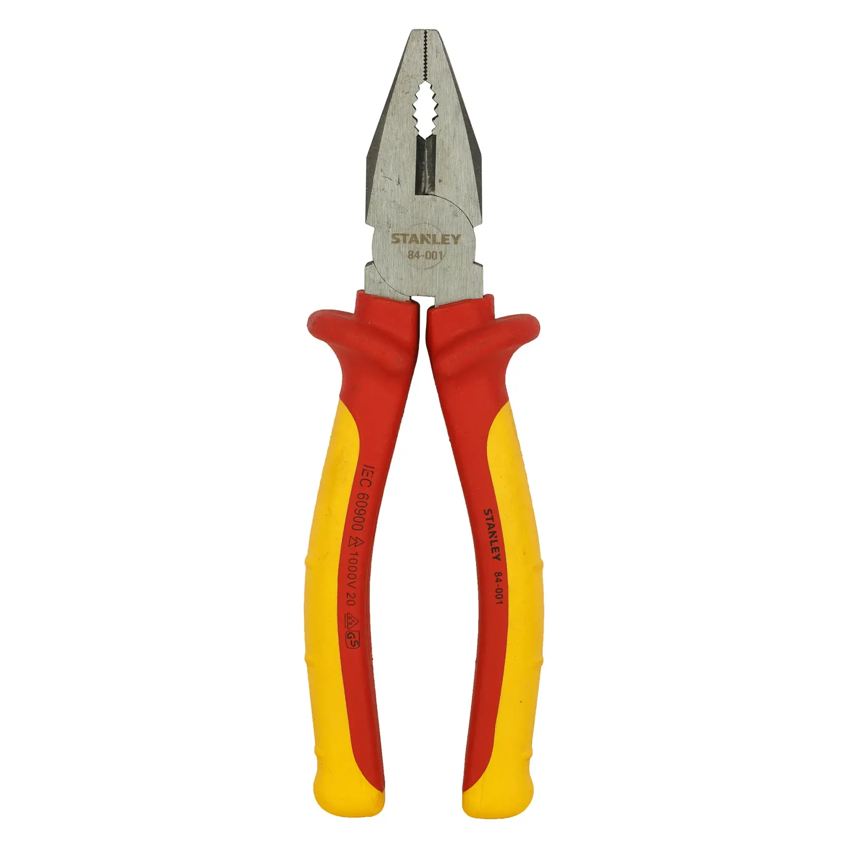Photo of STANLEY 84-011 combination pliers with red and yellow insulated handles, front view on white background.