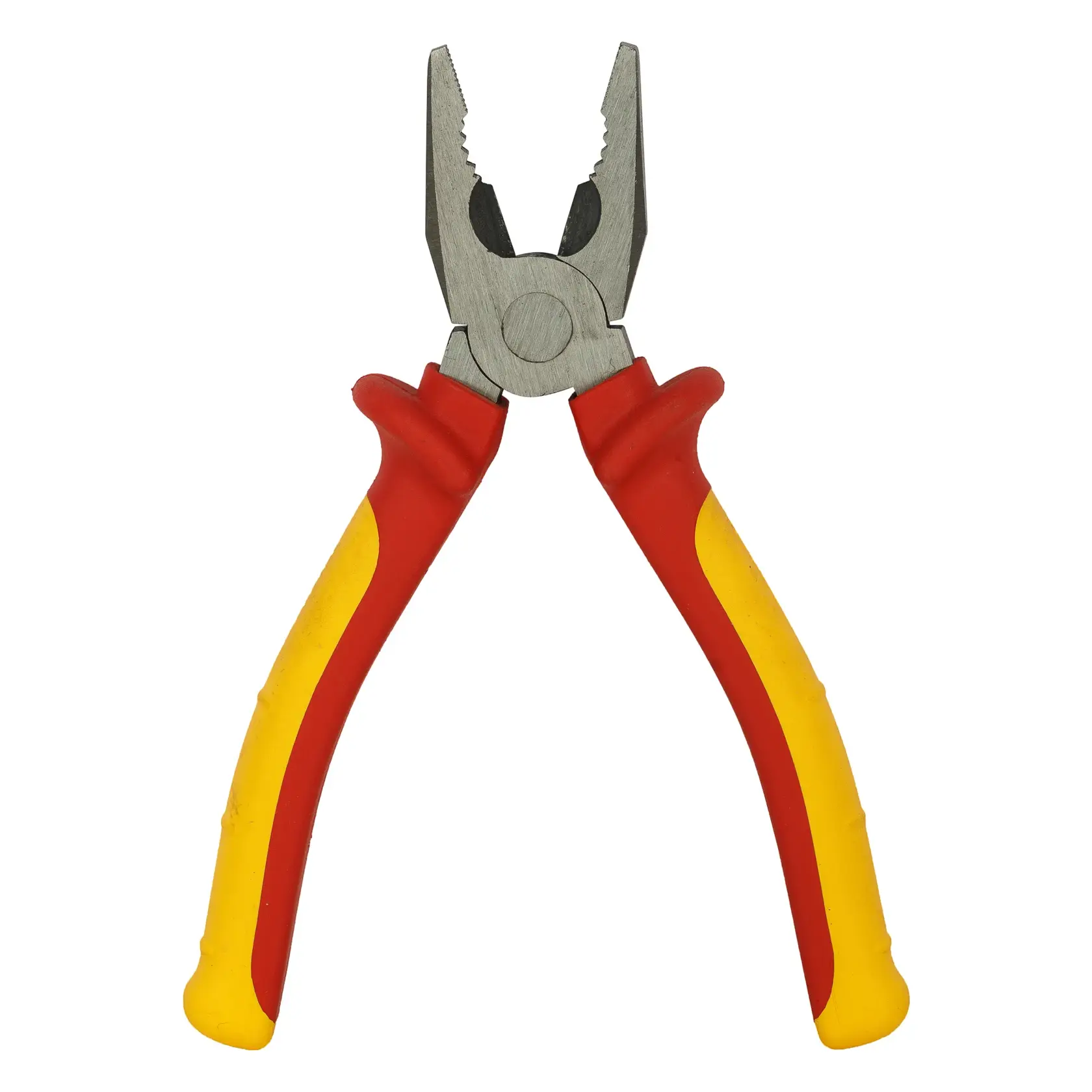 STANLEY 84-011 pliers with red and yellow insulated handles, front angle on white background.