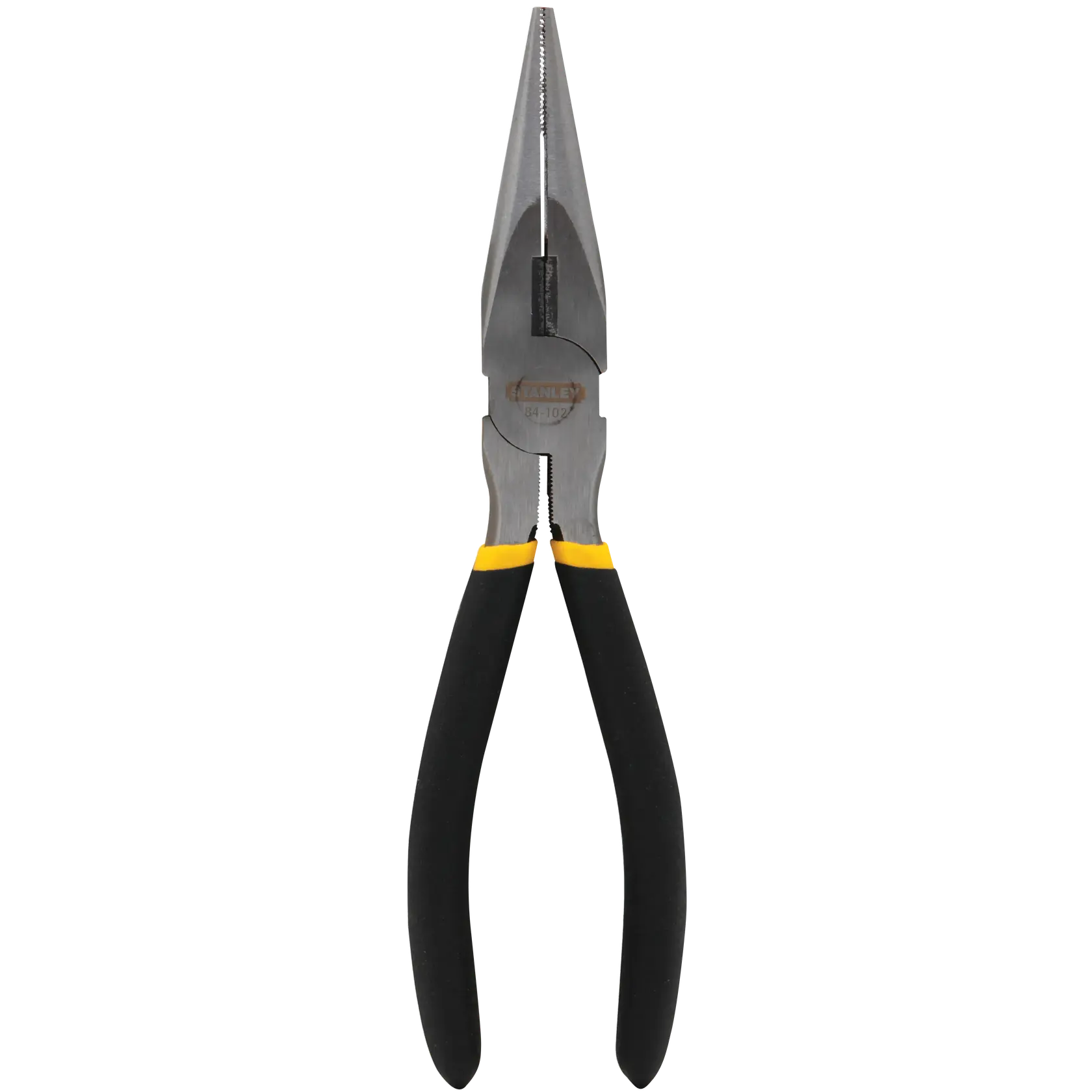 Stanley long nose pliers with black and yellow handles, front view on white background