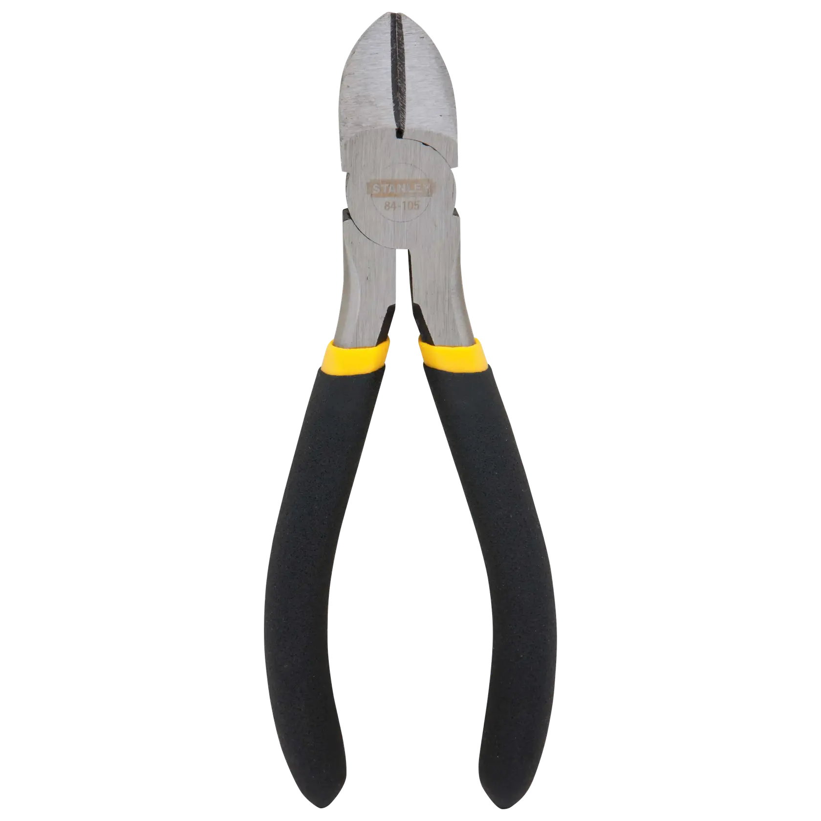 STANLEY 84-105, 84-105LA diagonal cutting pliers with black and yellow grips, front angle on white.