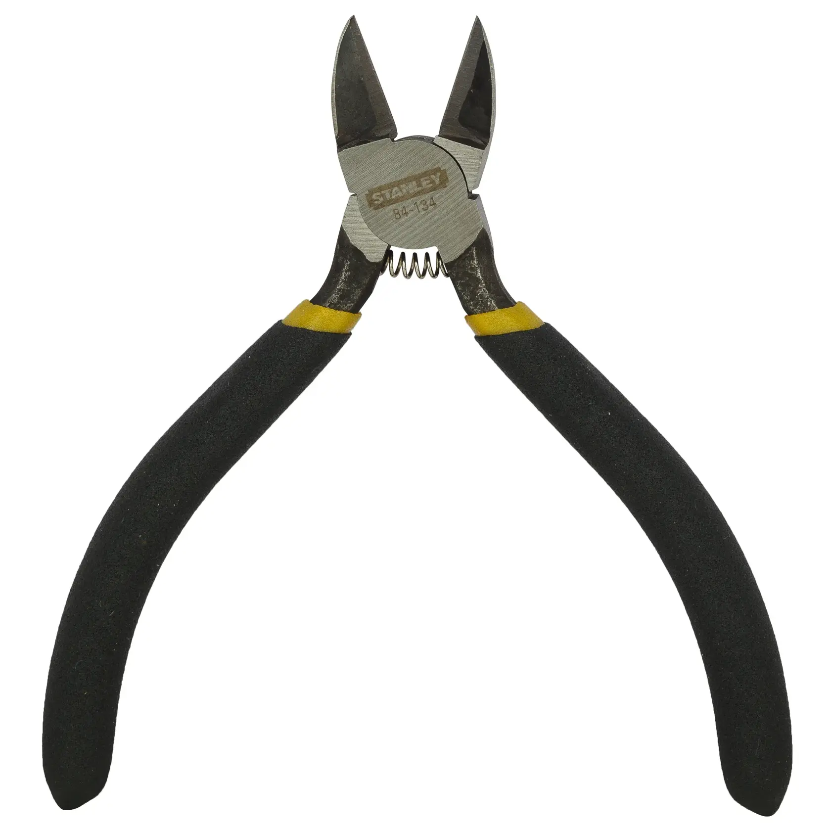 Stanley diagonal cutting pliers with black and yellow handle, used for cutting wires and other materials.