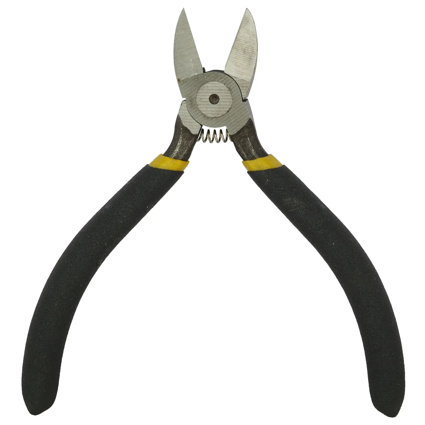 Close-up of a pair of wire cutters with black handles and yellow accents on a white background.
