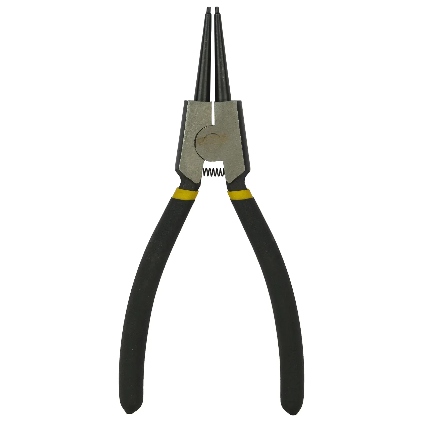 Stanley black-handled snap ring pliers with straight tips, used for circlip installation and removal.