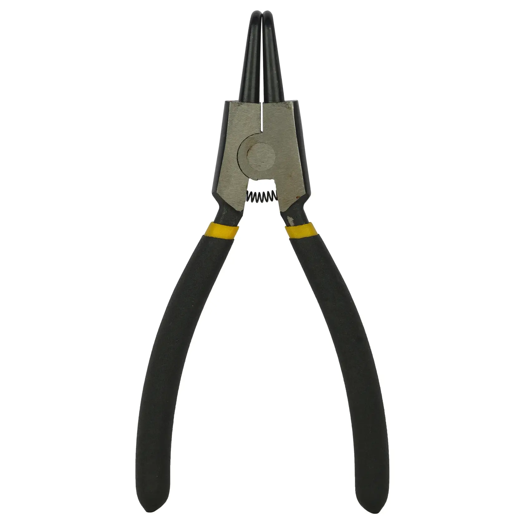 Black-handled snap ring pliers with yellow accents for precision work. Tool is shown on a white background.