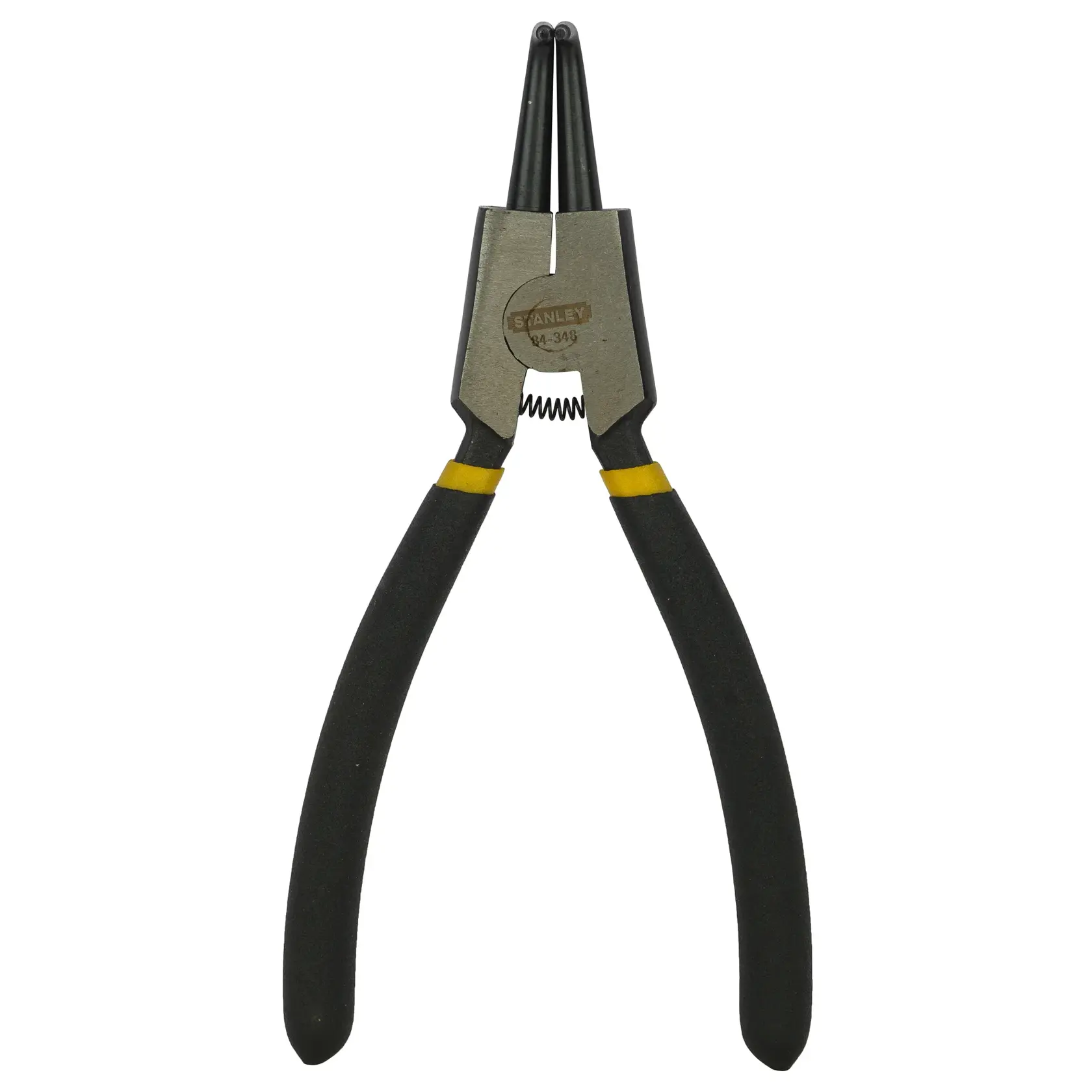 Stanley 84-348-23 snap ring pliers with black handles and yellow accents, viewed against a white background.