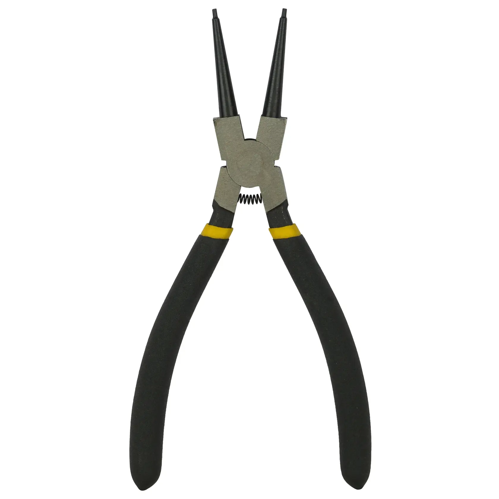 Stanley snap ring pliers with black handles and yellow accents, used for photography equipment repairs.