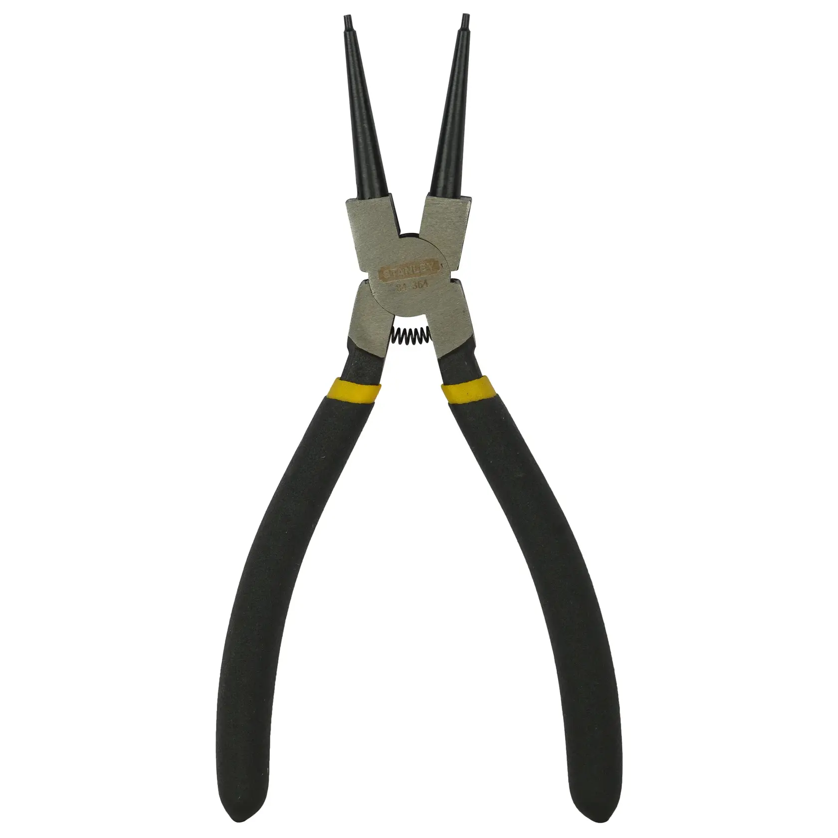 Stanley black-handled circlip pliers with angled jaws, suitable for precision photography and repair work.