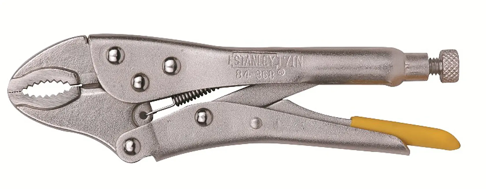 Stanley 84-368 locking pliers with silver finish and yellow grip, photography, side angle.