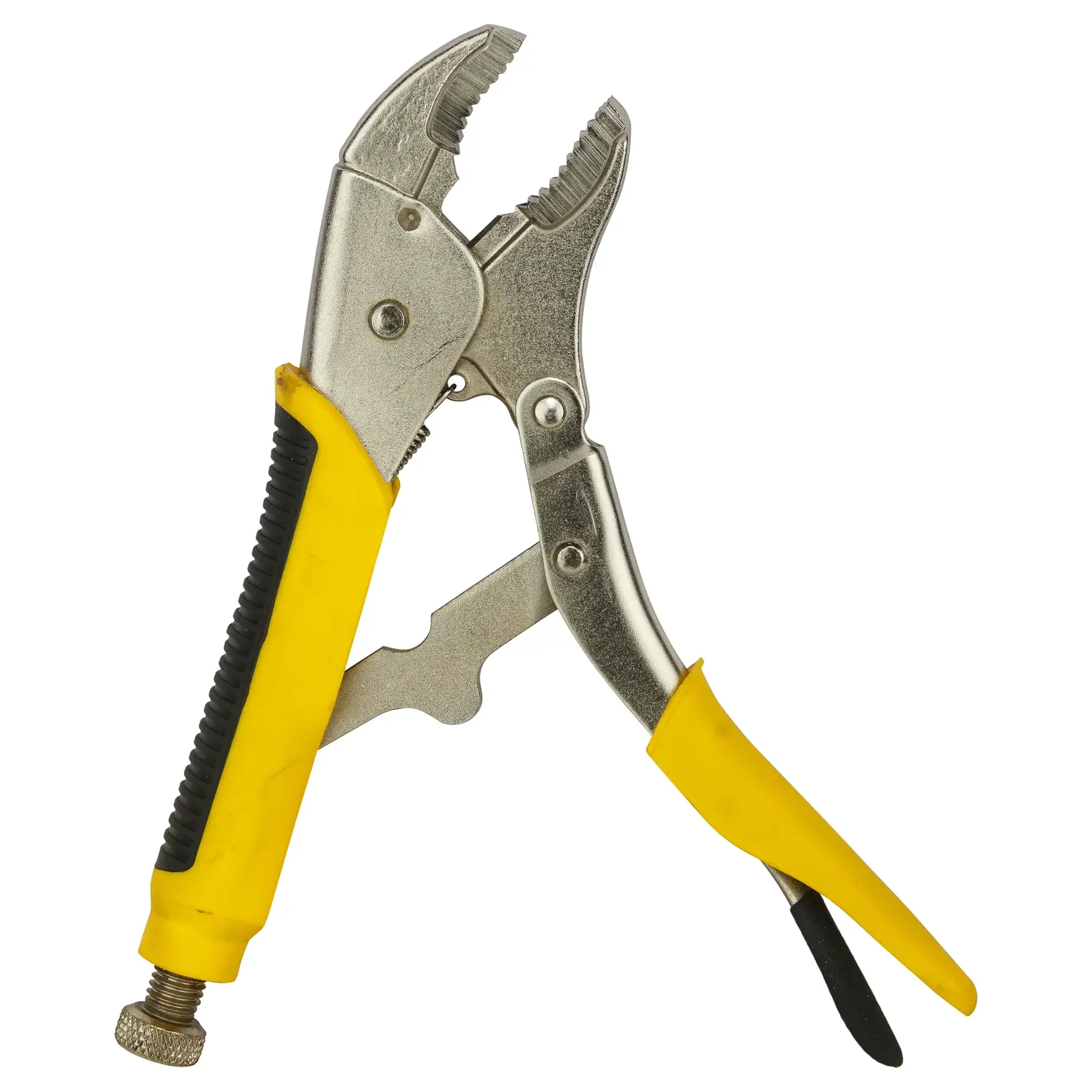 Locking pliers with a yellow and black handle, metal jaws, and adjustment screw for gripping objects.