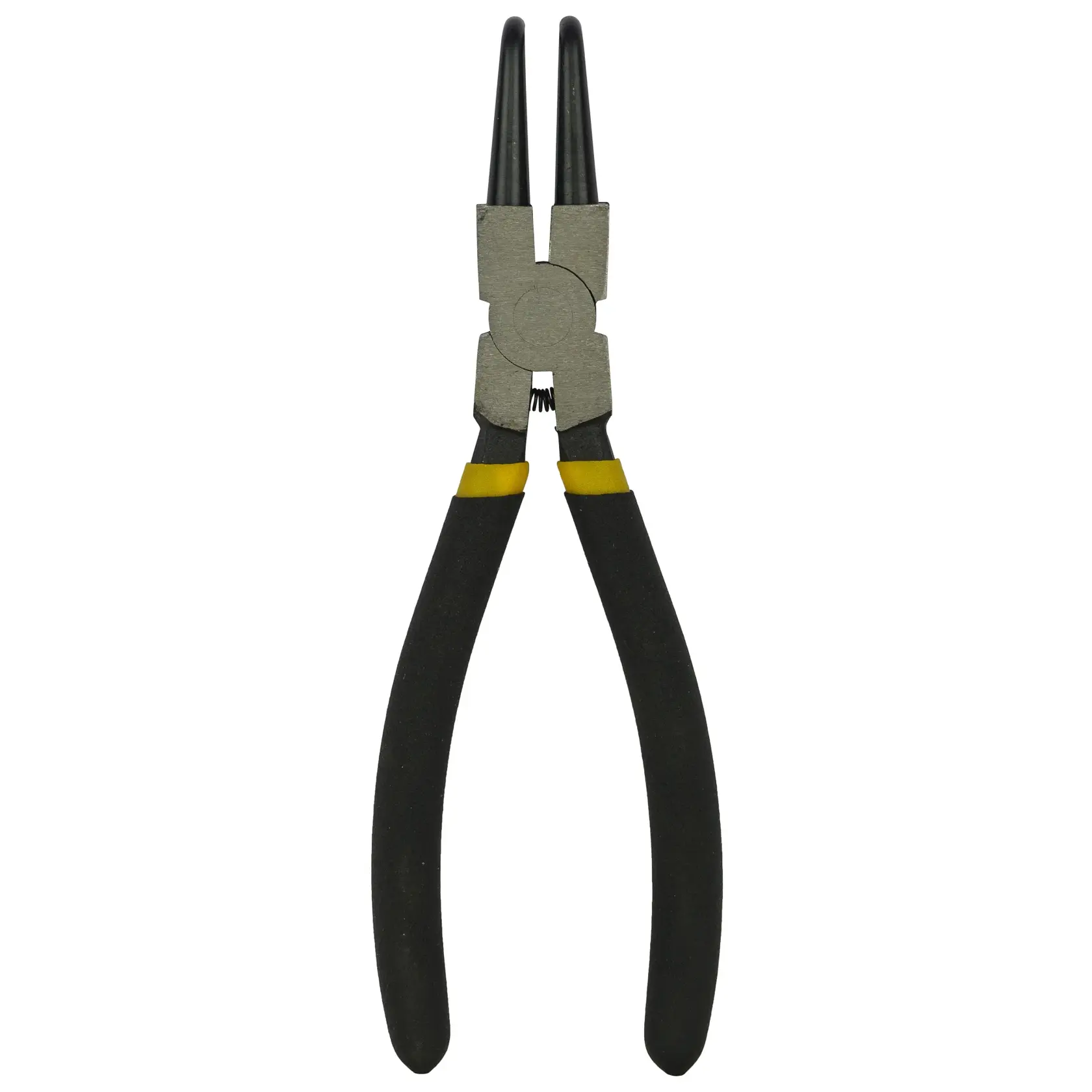 Black-handled snap ring pliers with straight tips, used for gripping or removing snap rings in mechanical work.