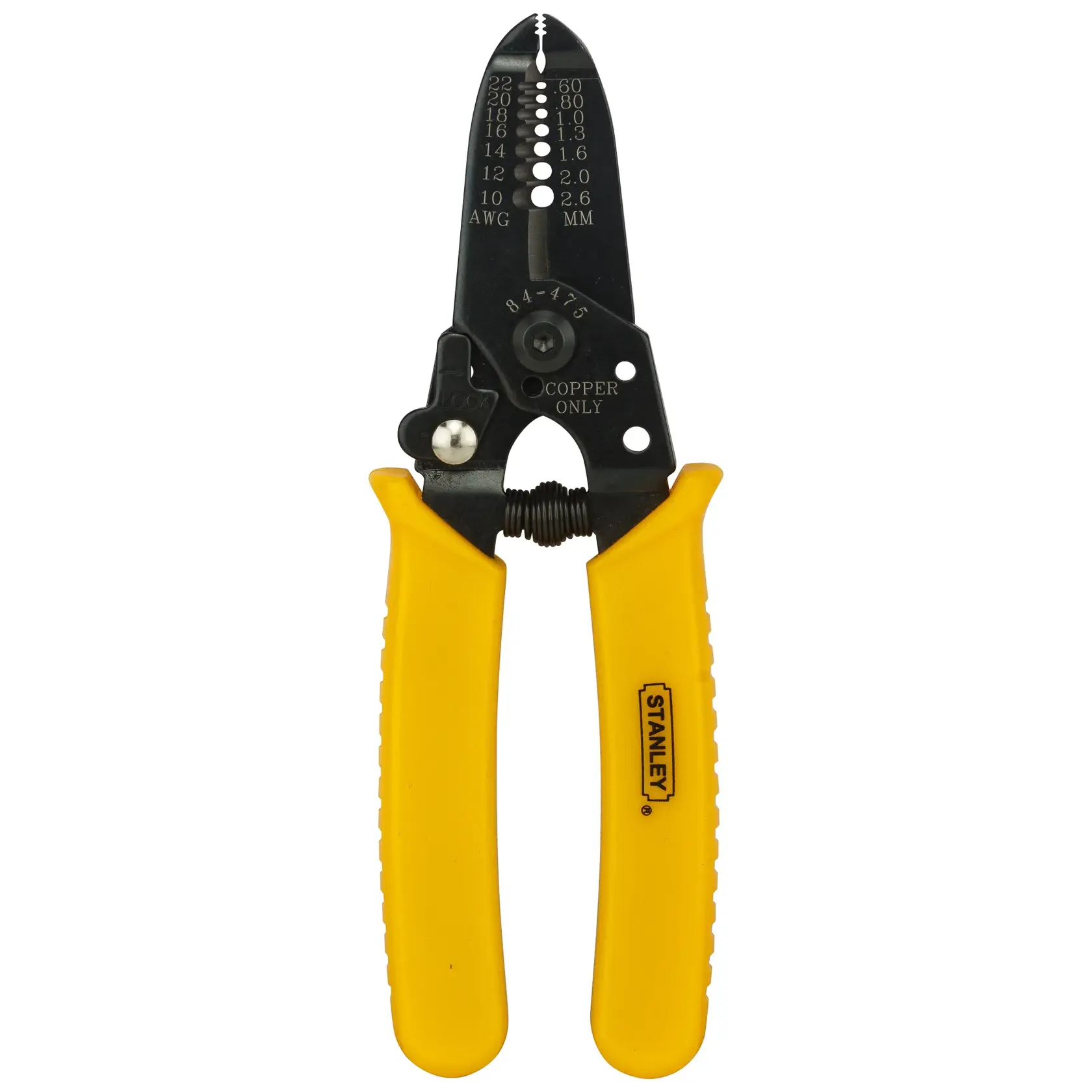Stanley wire stripper with yellow handles, labeled for copper wires, showing wire gauge markings on the black head.
