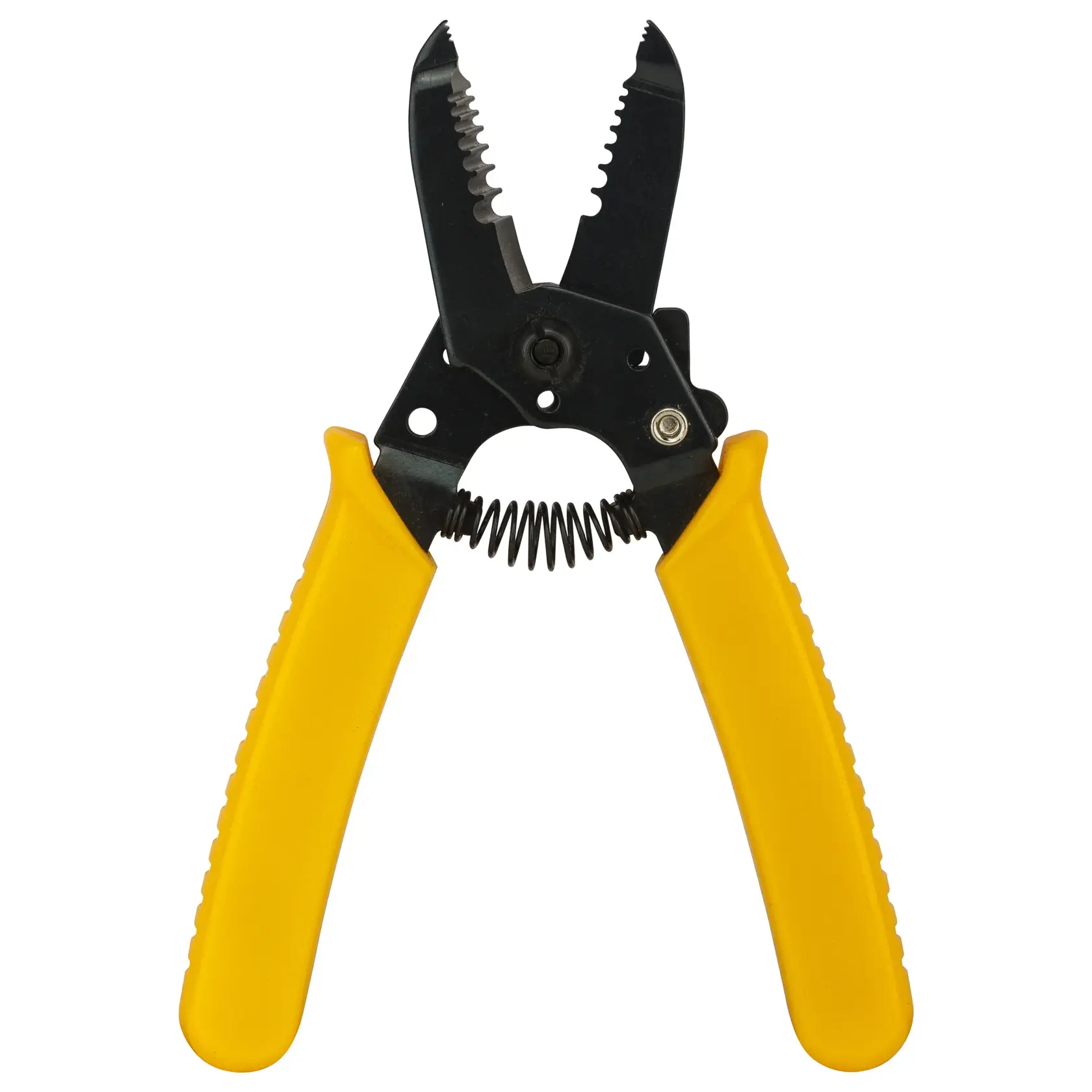 Stanley wire stripper tool with yellow handles and black cutting jaws, suitable for electrical work.