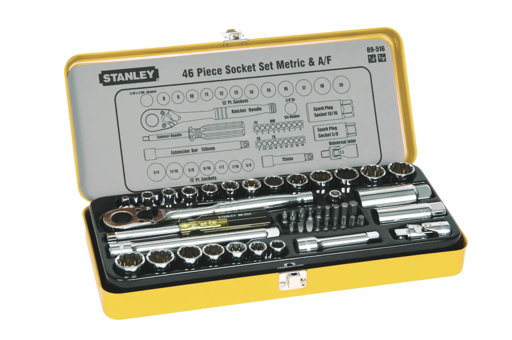 STANLEY 89-516 socket set, 46-piece metric and A/F, in yellow metal case, photo taken from front angle.