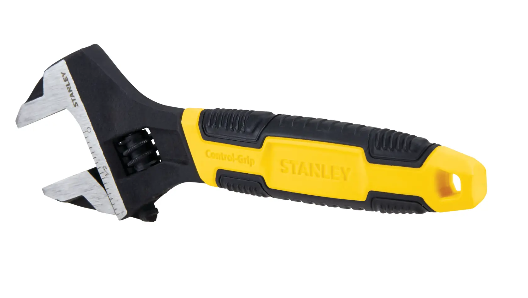 Stanley adjustable wrench with yellow and black Control-Grip handle, side angle on white background