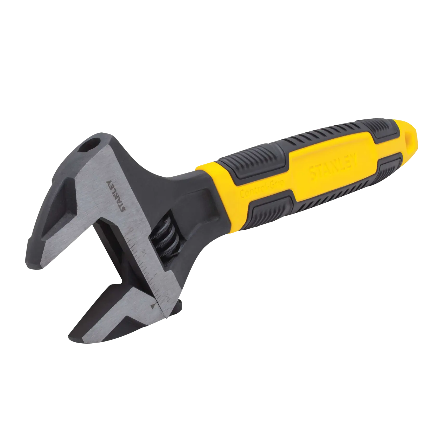 Stanley adjustable wrench with black and yellow Control-Grip handle, angled on white background