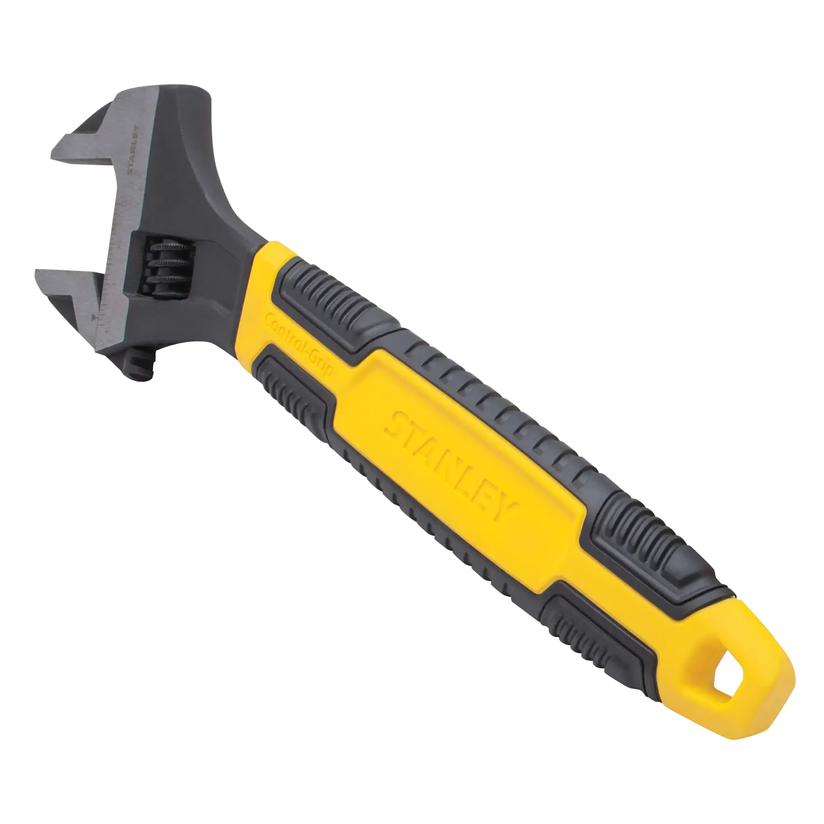 Stanley adjustable wrench with yellow and black Control-Grip handle, angled on white background