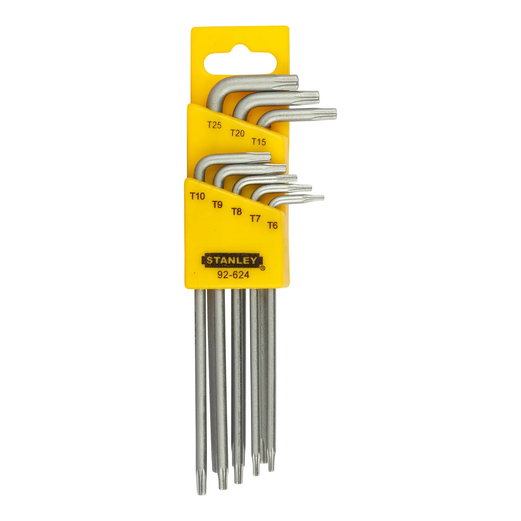 Stanley Torx key set with yellow holder, includes T6 to T25 sizes, used for driving Torx screws.