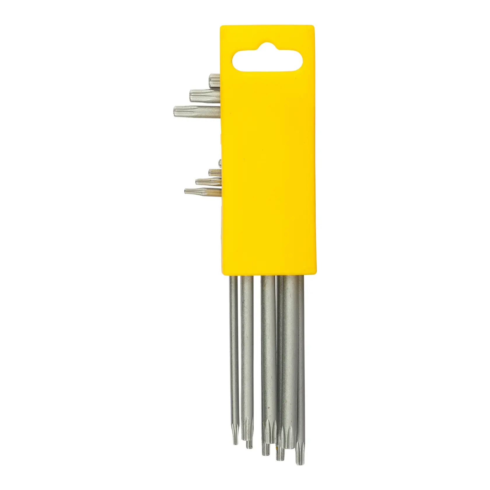 Set of metal Torx keys in a yellow holder for tools and repairs.