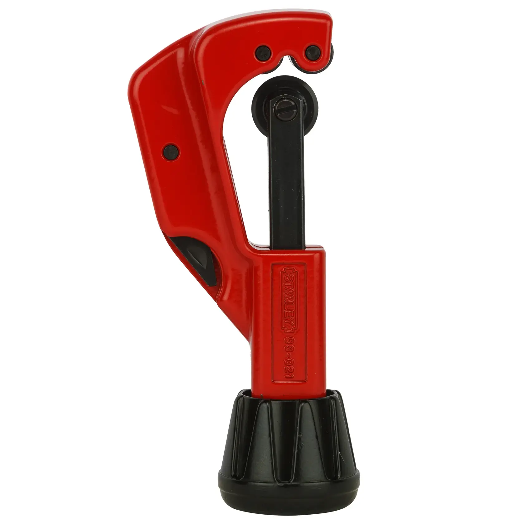 STANLEY 93-021-22 pipe cutter, red and black tool, front angle on white background.