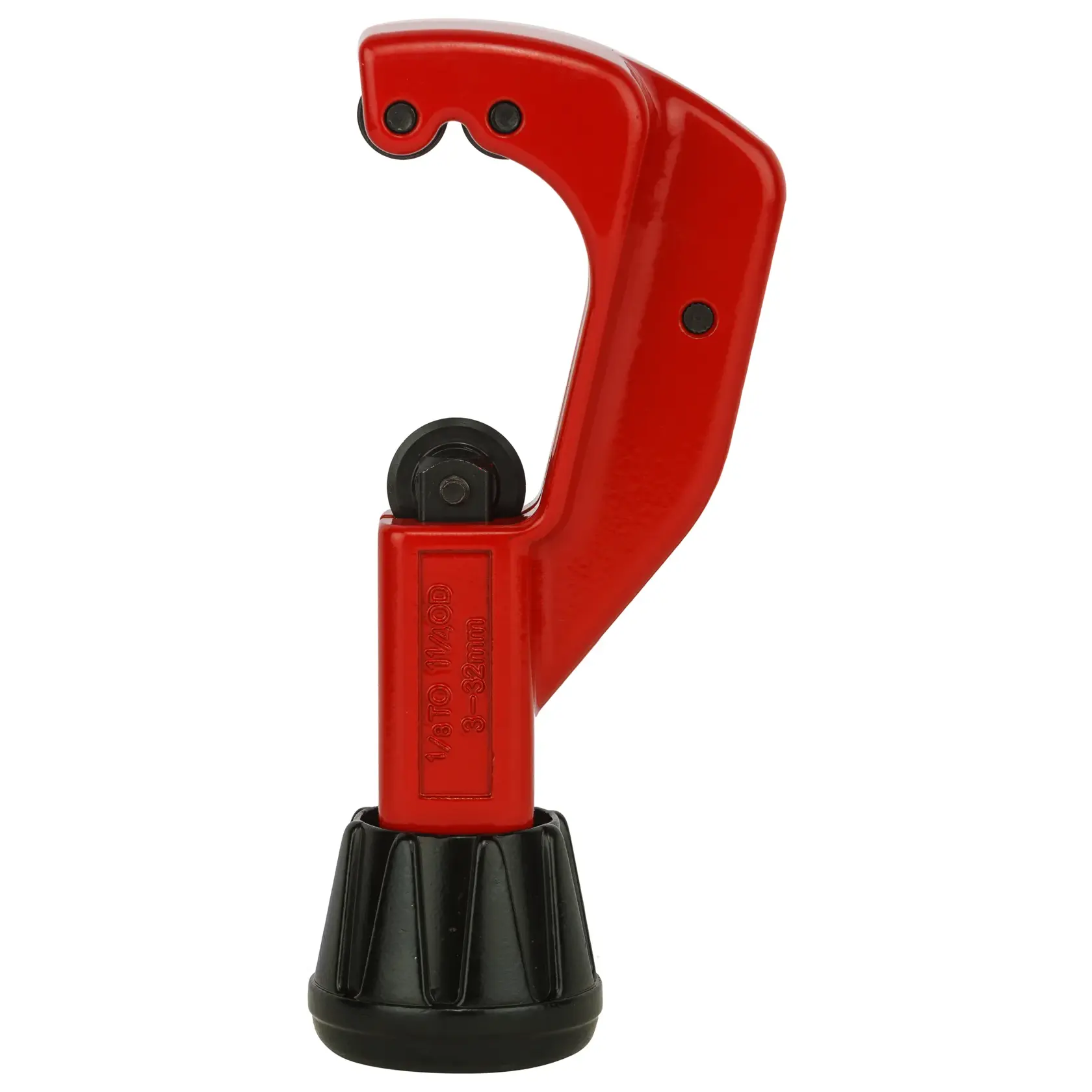 STANLEY 93-021-22 pipe cutter with red body and black rotating knob, right side angle on white background.
