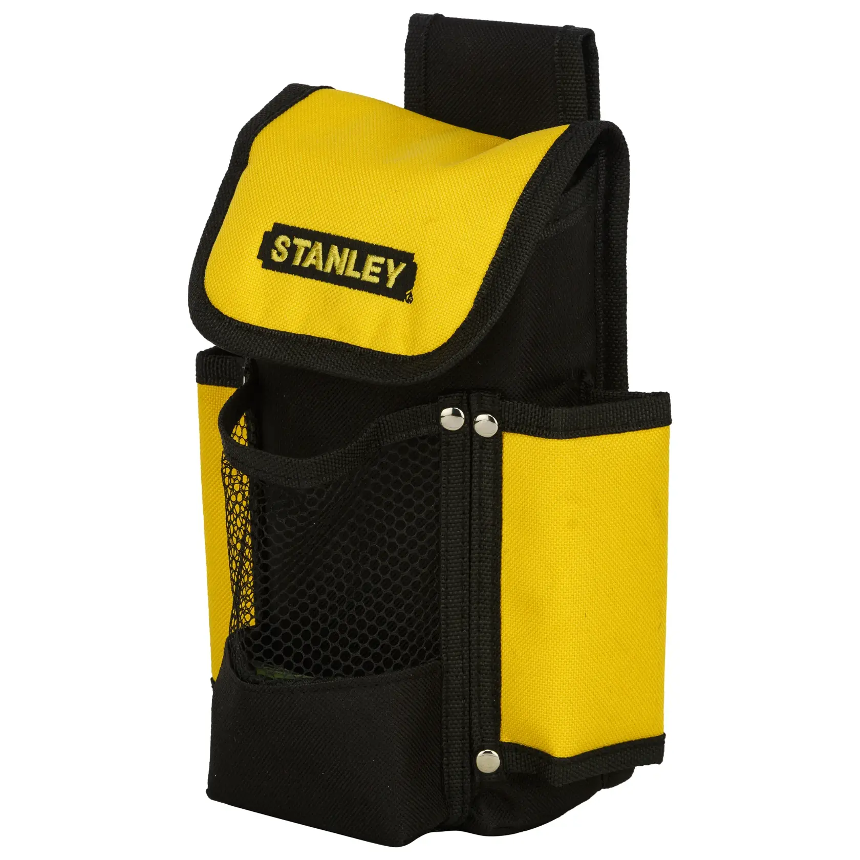 Stanley tool pouch 93-222, yellow and black fabric, mesh pocket, front angle photo on white background.