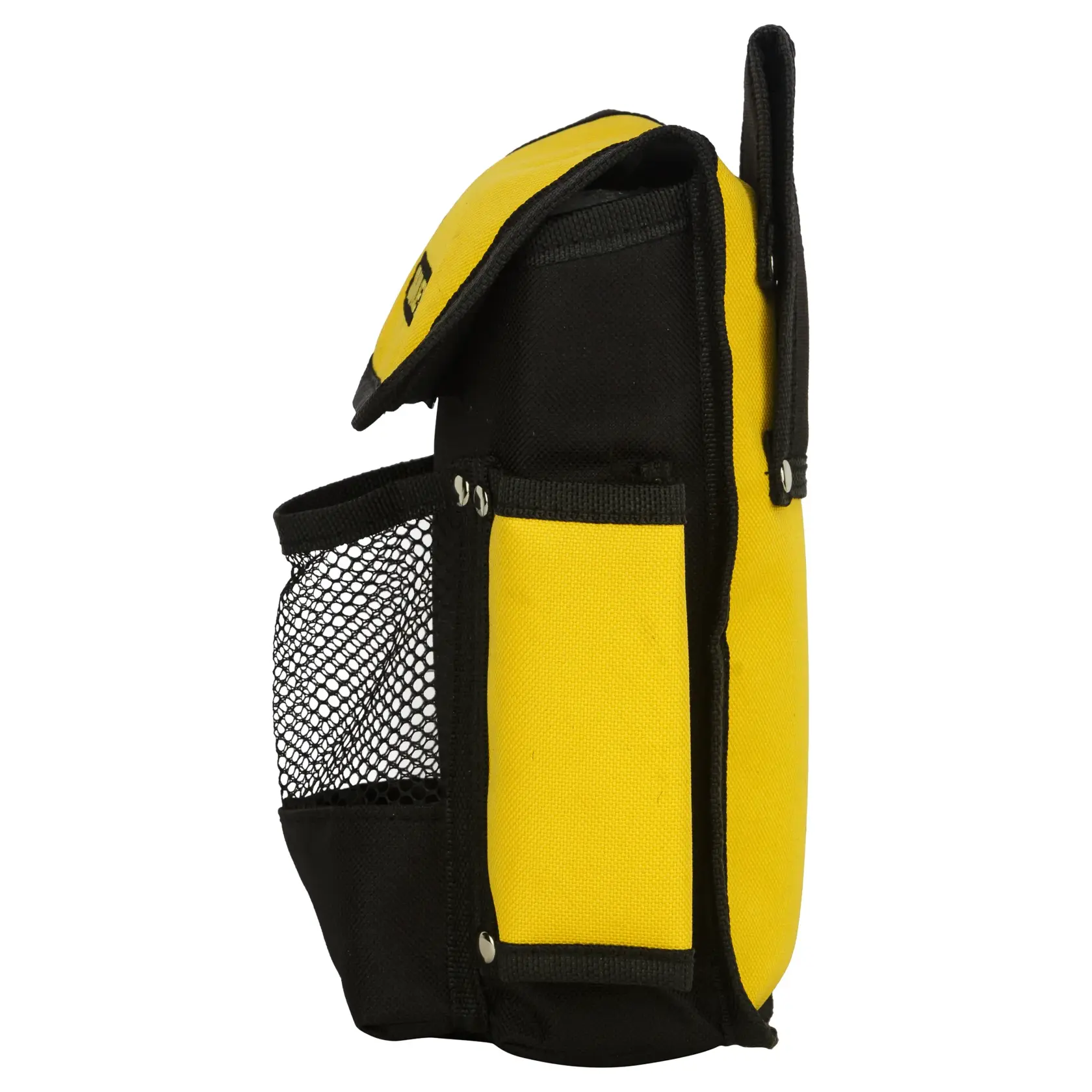 Yellow and black Stanley pouch with mesh pocket, side view, used for carrying tools or accessories.