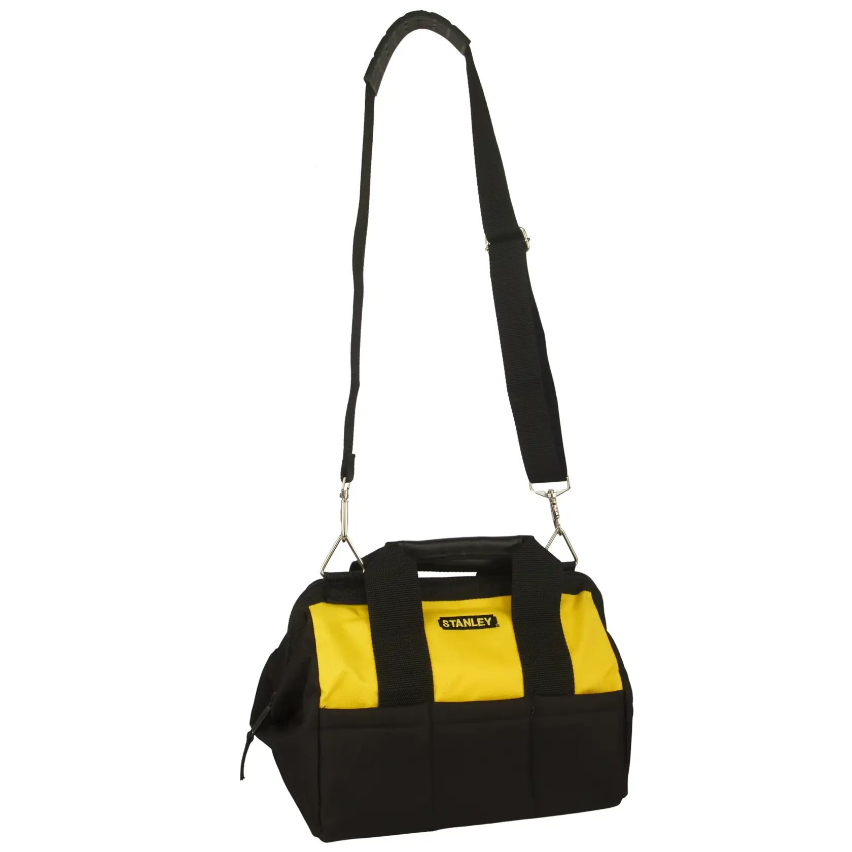 STANLEY 93-223 tool bag, black and yellow fabric with shoulder strap, front angle on white background.