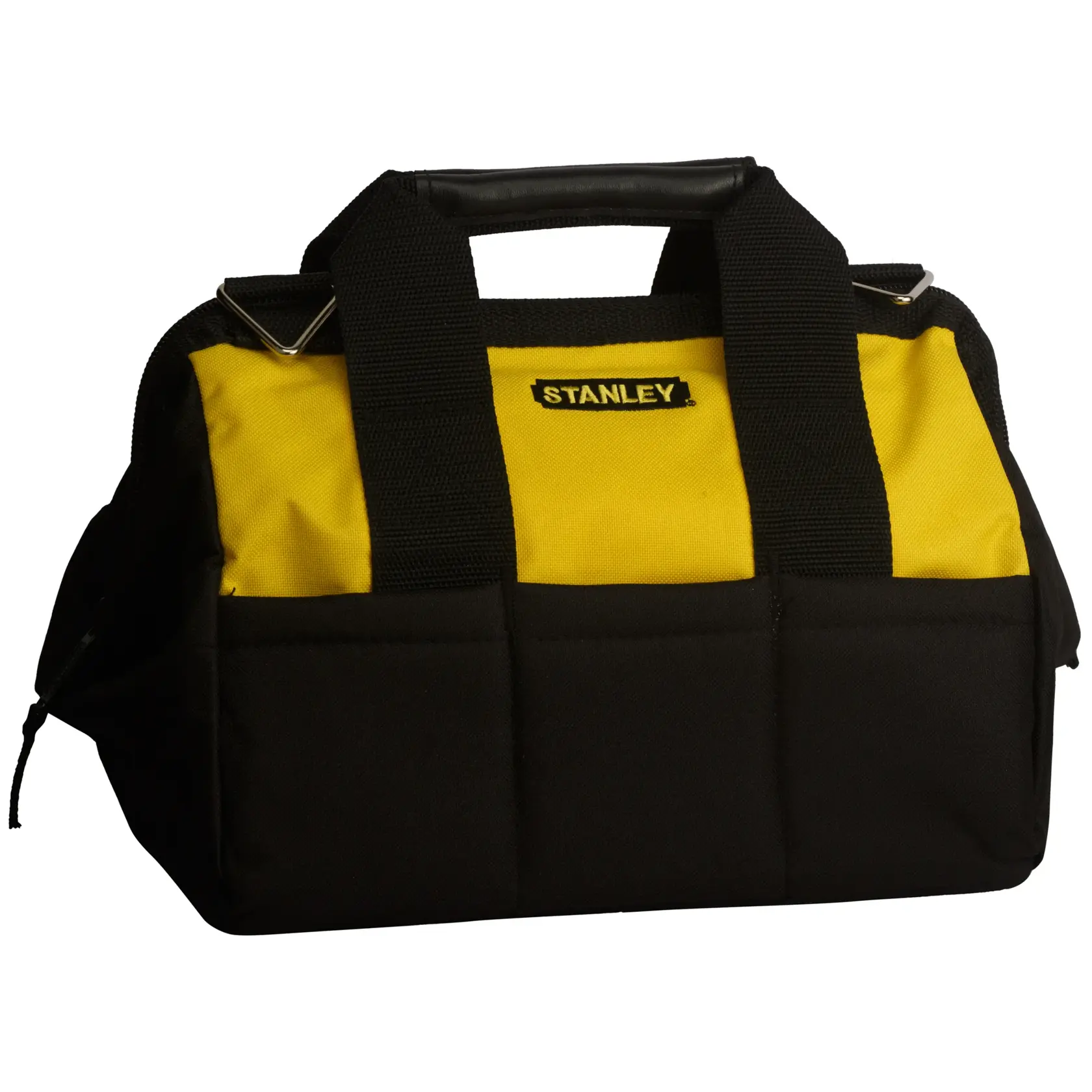 STANLEY 93-223 tool bag, yellow and black, front angle with handle and outer pockets