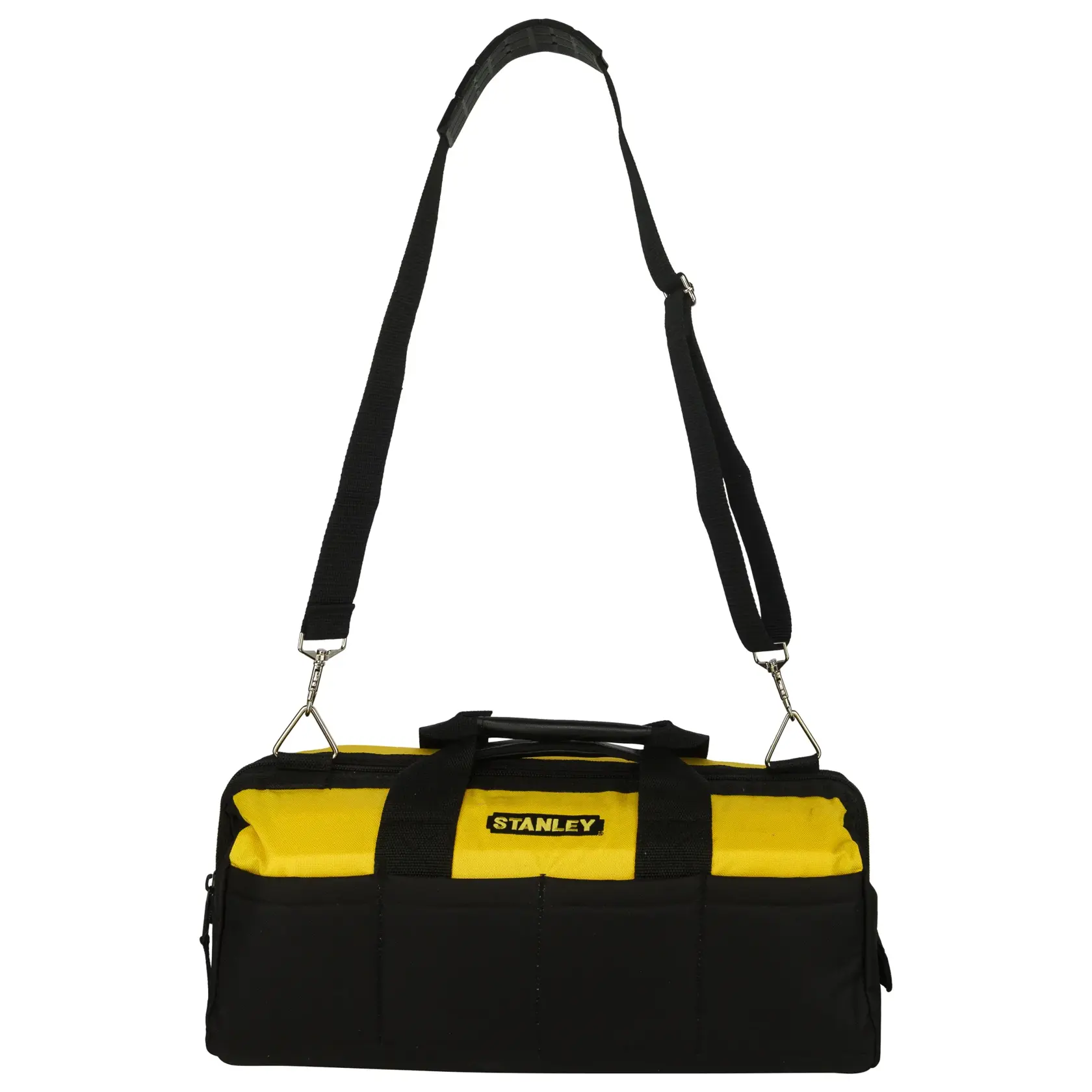 Stanley black and yellow tool bag with shoulder strap and handles.