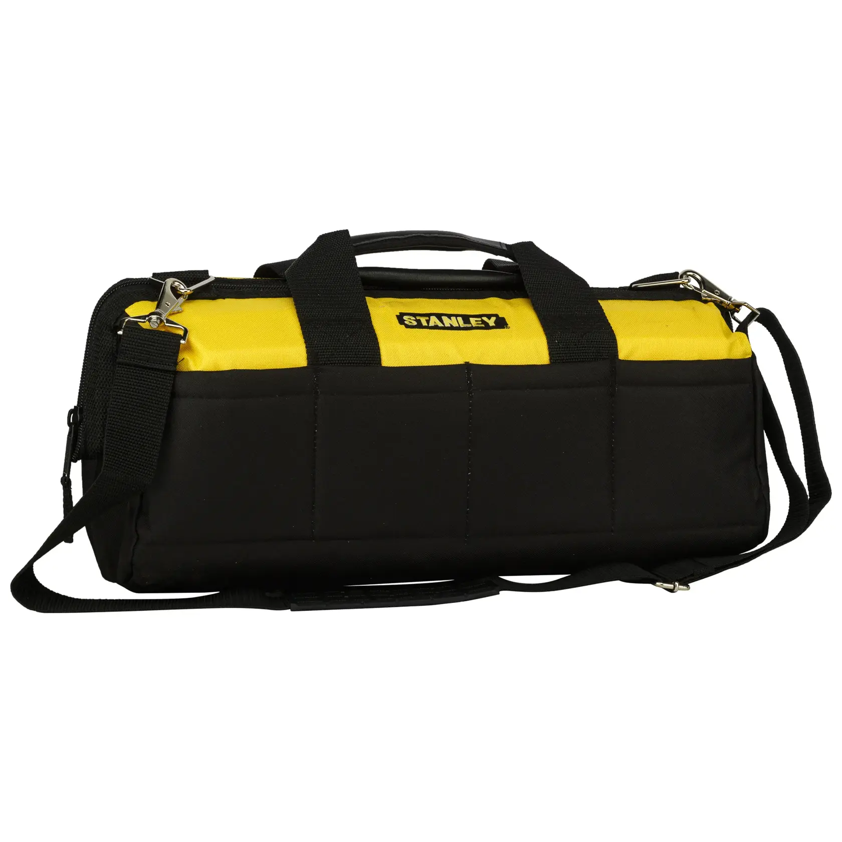 Stanley black and yellow tool bag with handles and shoulder strap.
