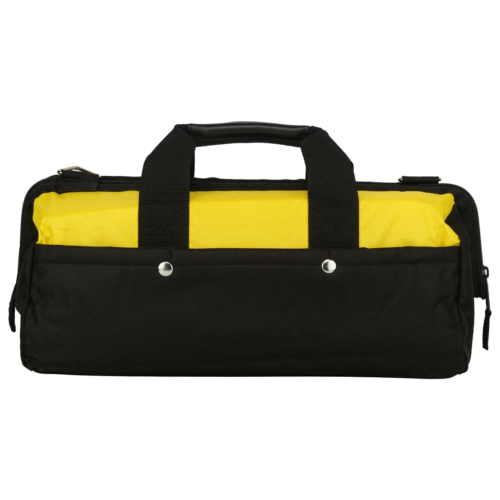 Stanley black and yellow tool bag with handles and external pockets, suitable for carrying photography accessories.