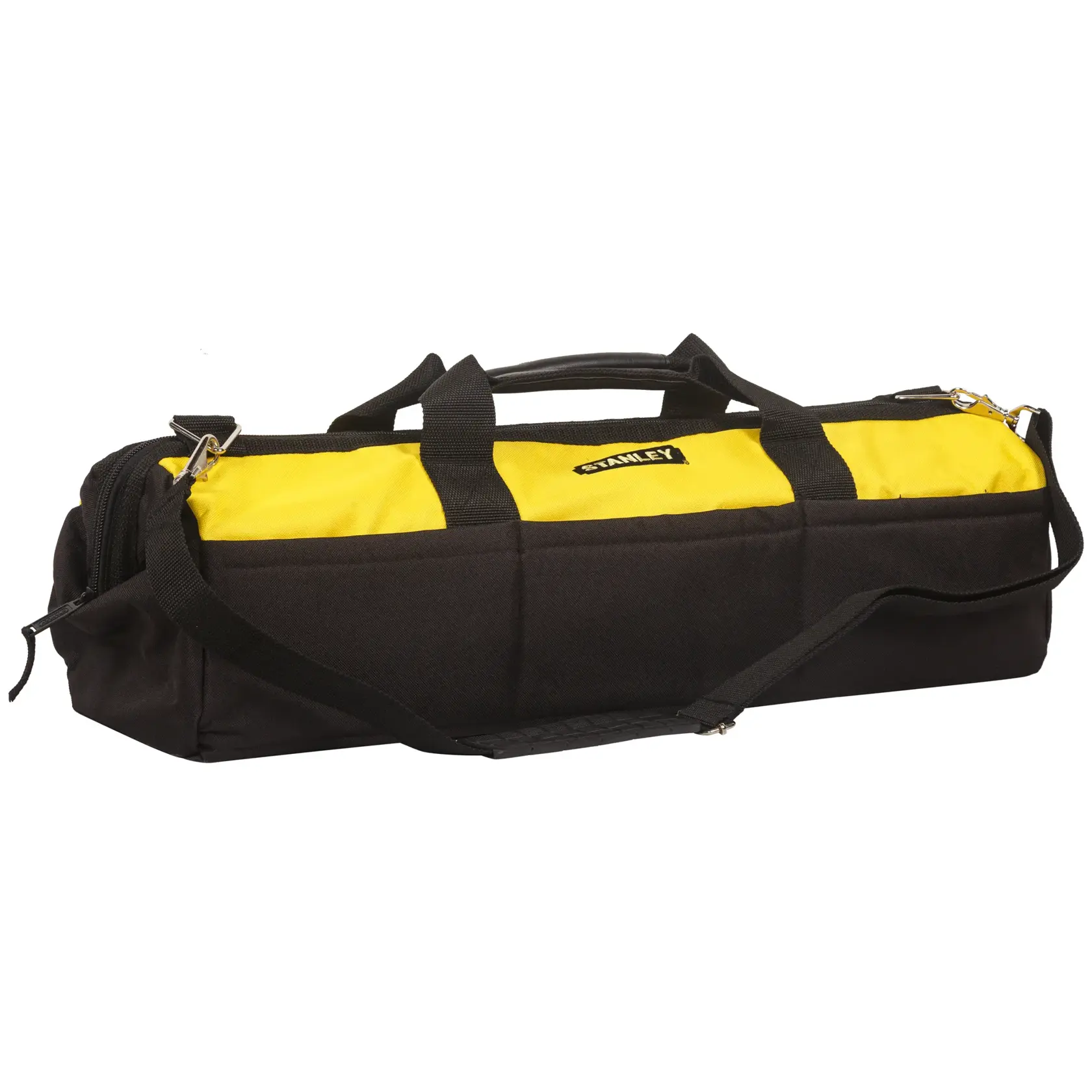 STANLEY 93-225 tool bag, black and yellow fabric, side angle, with shoulder strap and dual handles.