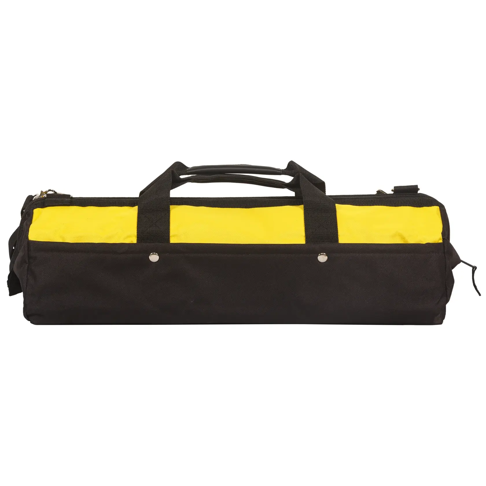 STANLEY 93-225 tool bag, black and yellow fabric, front view with top handles and zippered closure.