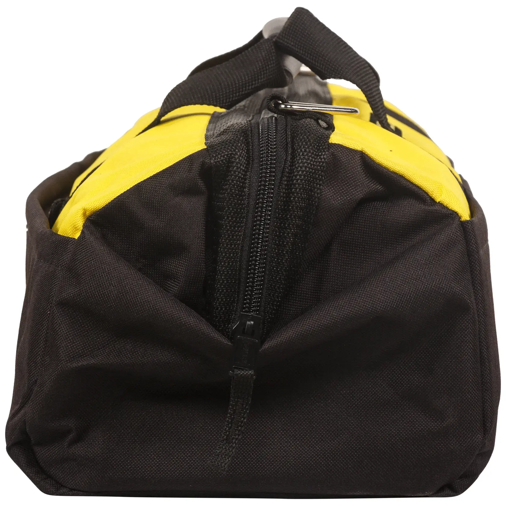 STANLEY 93-225 tool bag front angle, black and yellow fabric, zippered closure, photography on white background.