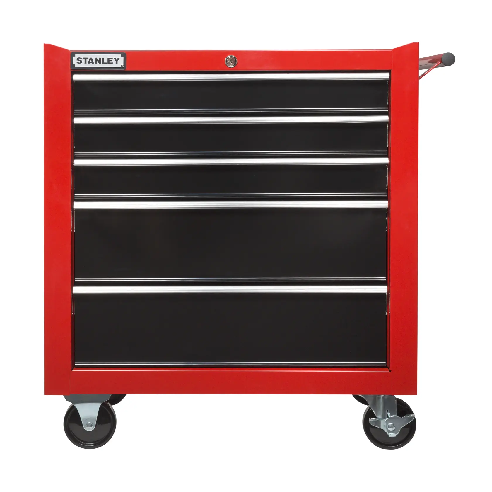 STANLEY 93-557L tool chest cabinet with five black drawers, red frame, and wheels, front angle, white background.