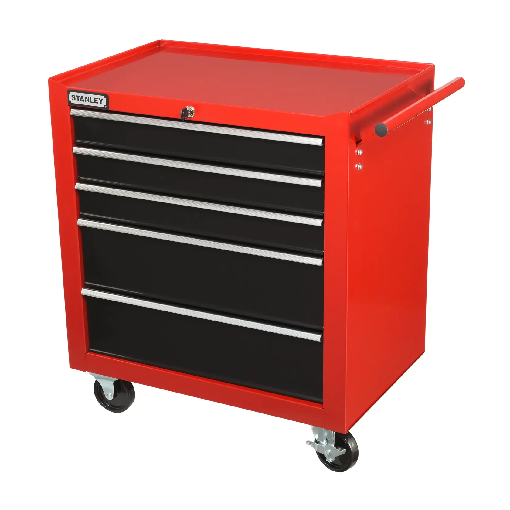 STANLEY 93-557L red tool cabinet with five black drawers, side handle, and wheels, front angle photo.