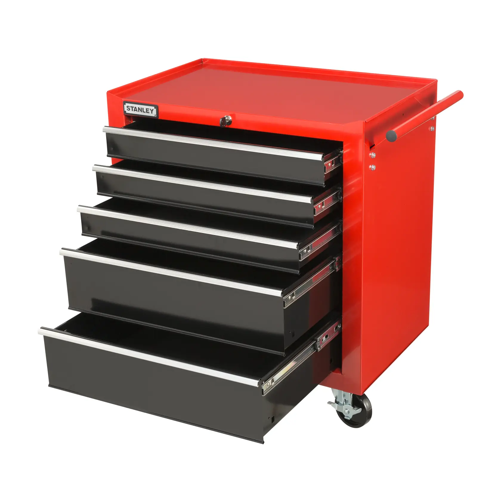 STANLEY 93-557L rolling tool chest with red frame and four open black drawers, front angle on white background.