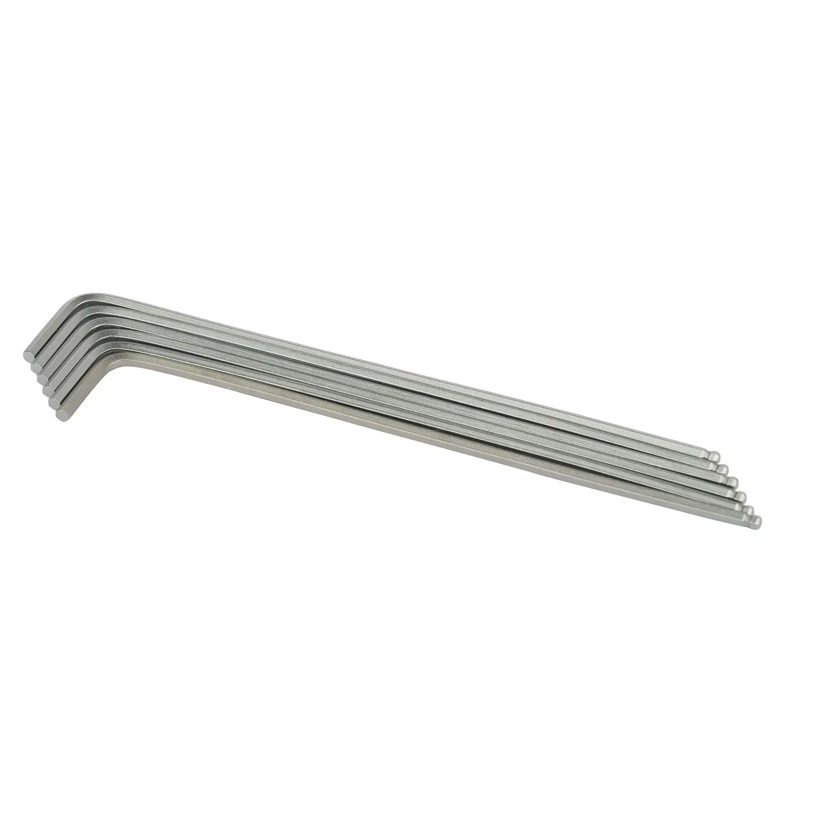 STANLEY 94-080 hex key set, silver finish, six L-shaped ball-end wrenches aligned, side angle on white background.