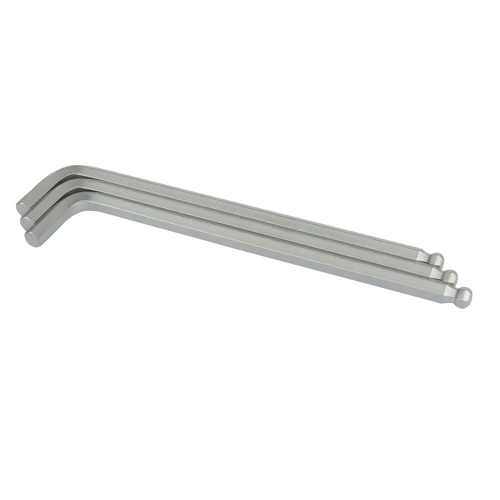 STANLEY 94-088 set of three silver hex keys with ball end, tool category, side angle on white background.