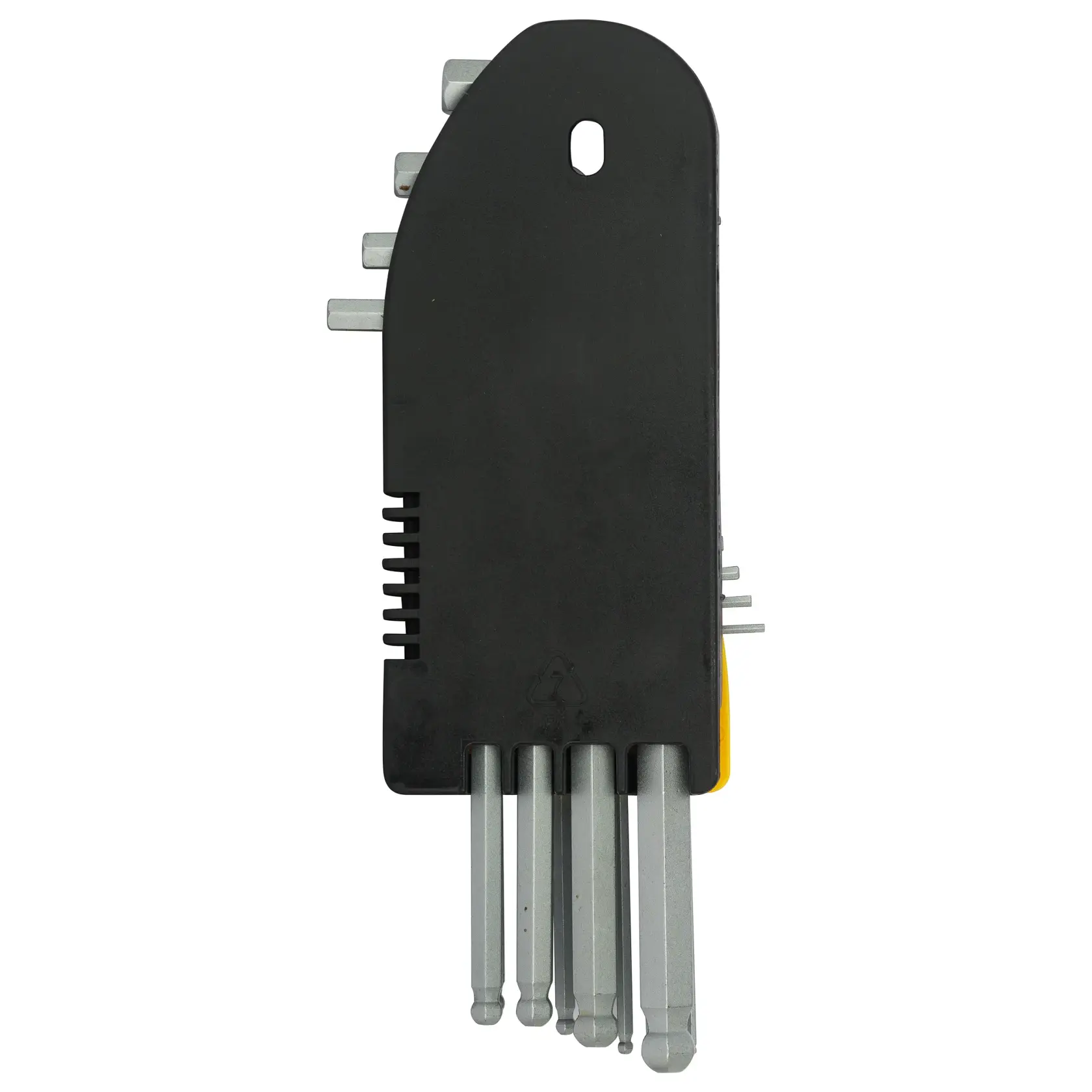 Set of hex keys in a black plastic holder, tool heads visible, used for tightening or loosening bolts.