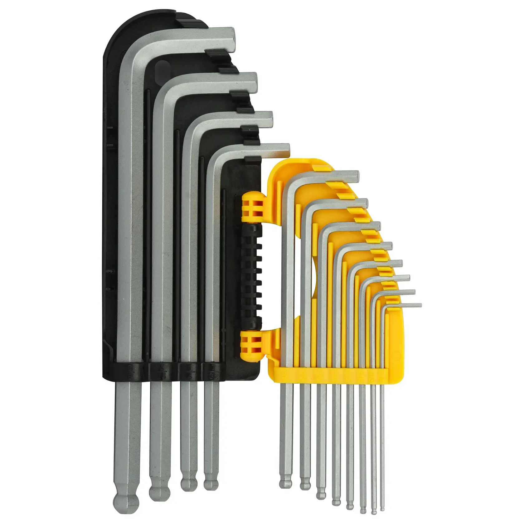 Set of Stanley hex keys in black and yellow holders, organized by size for various applications.