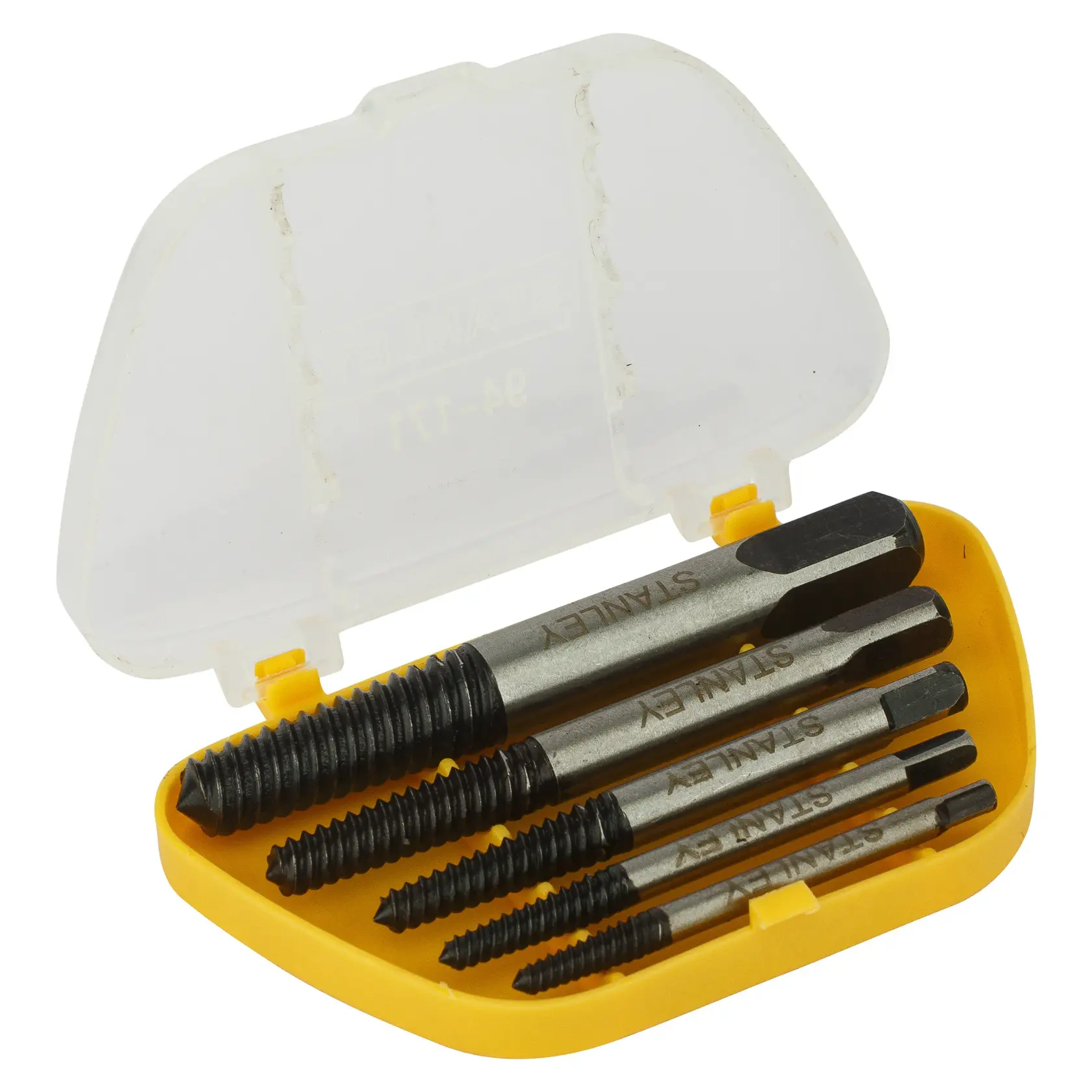 Stanley screw extractor set in a yellow plastic case with five tools for removing damaged screws.